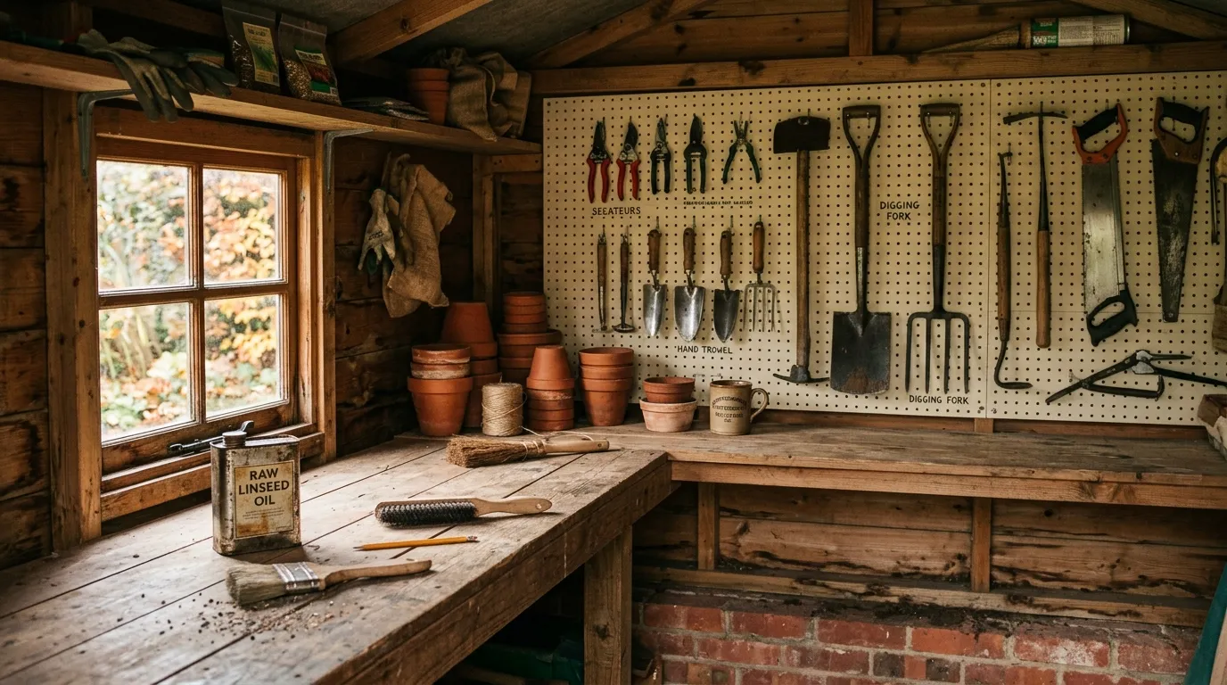 Organised UK wooden garden shed interior with tools on pegboard ready for winter storage