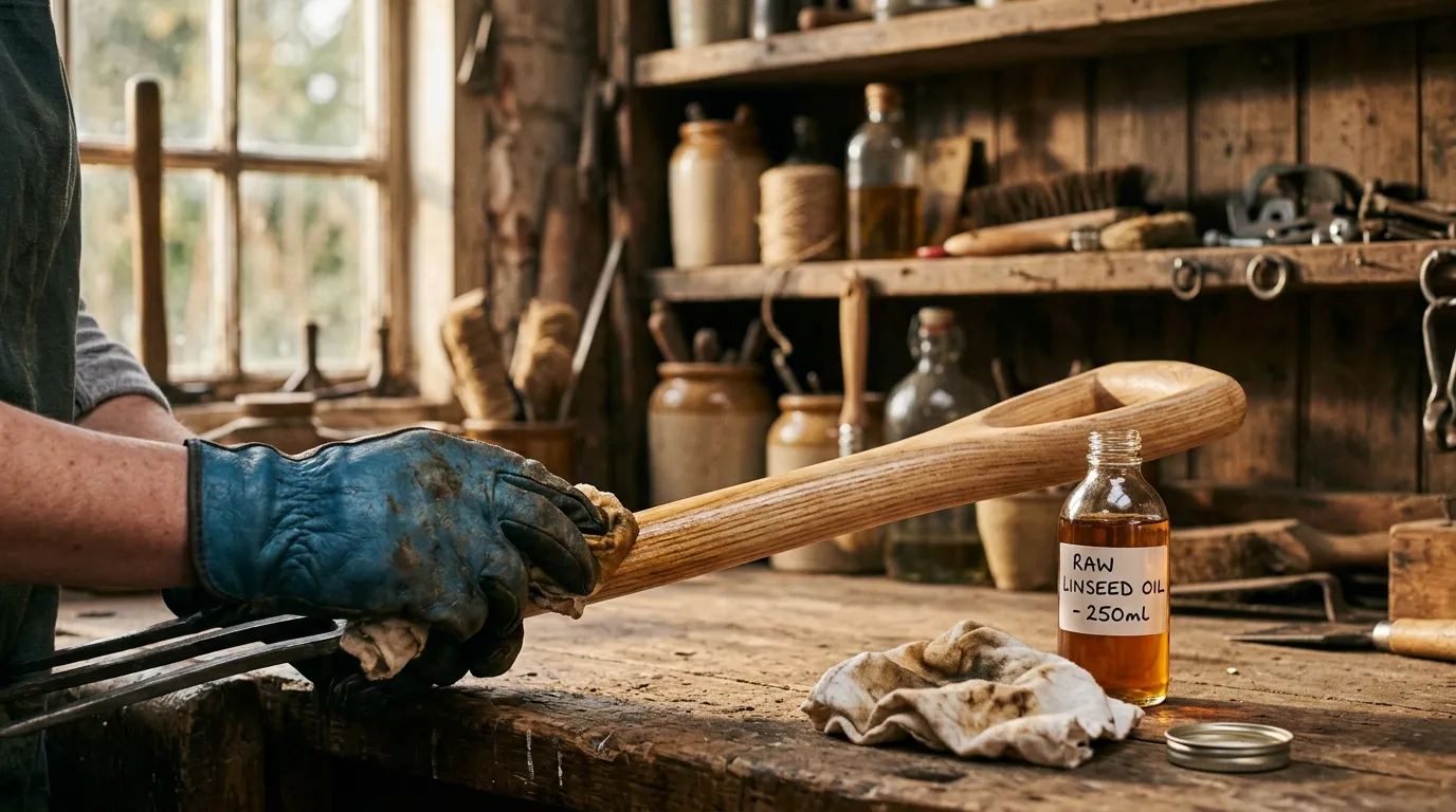 Gloved hand rubbing raw linseed oil into the smooth ash wood handle of a garden fork on a Staffordshire workbench