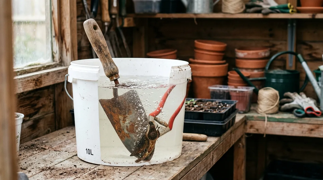 Rusty trowel and shears submerged in a white plastic bucket of white vinegar on a potting bench