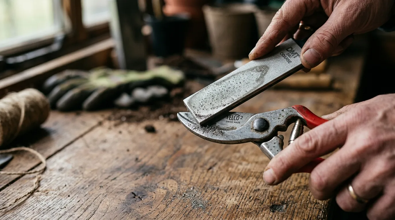 Close-up of a diamond sharpening stone passing along a bypass secateurs blade at a 23 degree angle