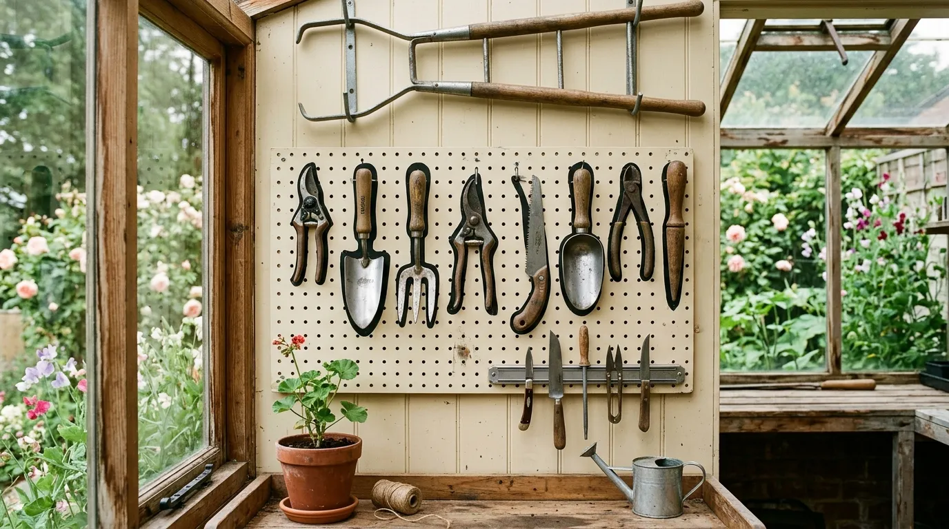 Wall-shot of a well-organised pegboard with painted tool silhouettes outlined in black showing where each tool belongs