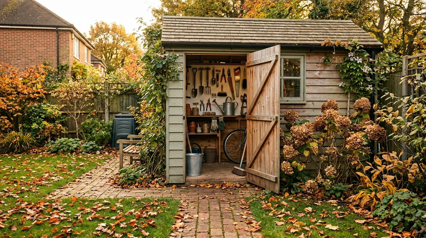 Exterior of a quality wooden shed in a suburban autumn garden with door open showing organised tools inside