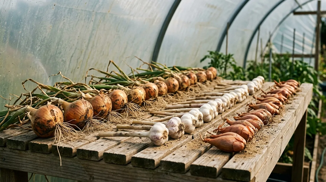 Just-lifted onions, garlic and shallots laid out for curing on a slatted wooden bench inside a UK polytunnel, foliage attached, dry soil on the roots