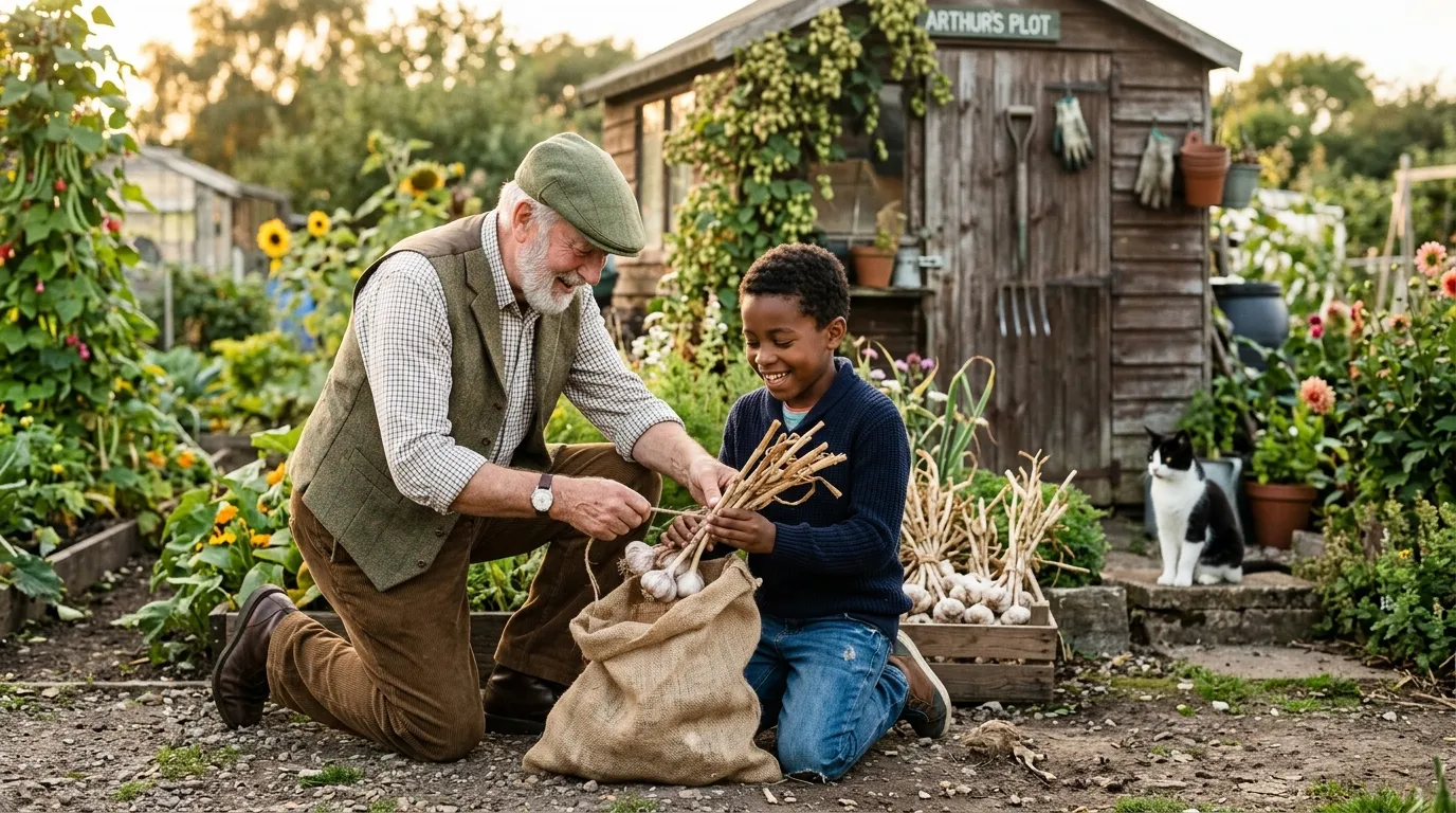 Elderly grandfather and his Black-British grandson bundling hard-neck 'Lautrec' garlic into a hessian net in front of a UK allotment shed, a black-and-white cat watching from a step