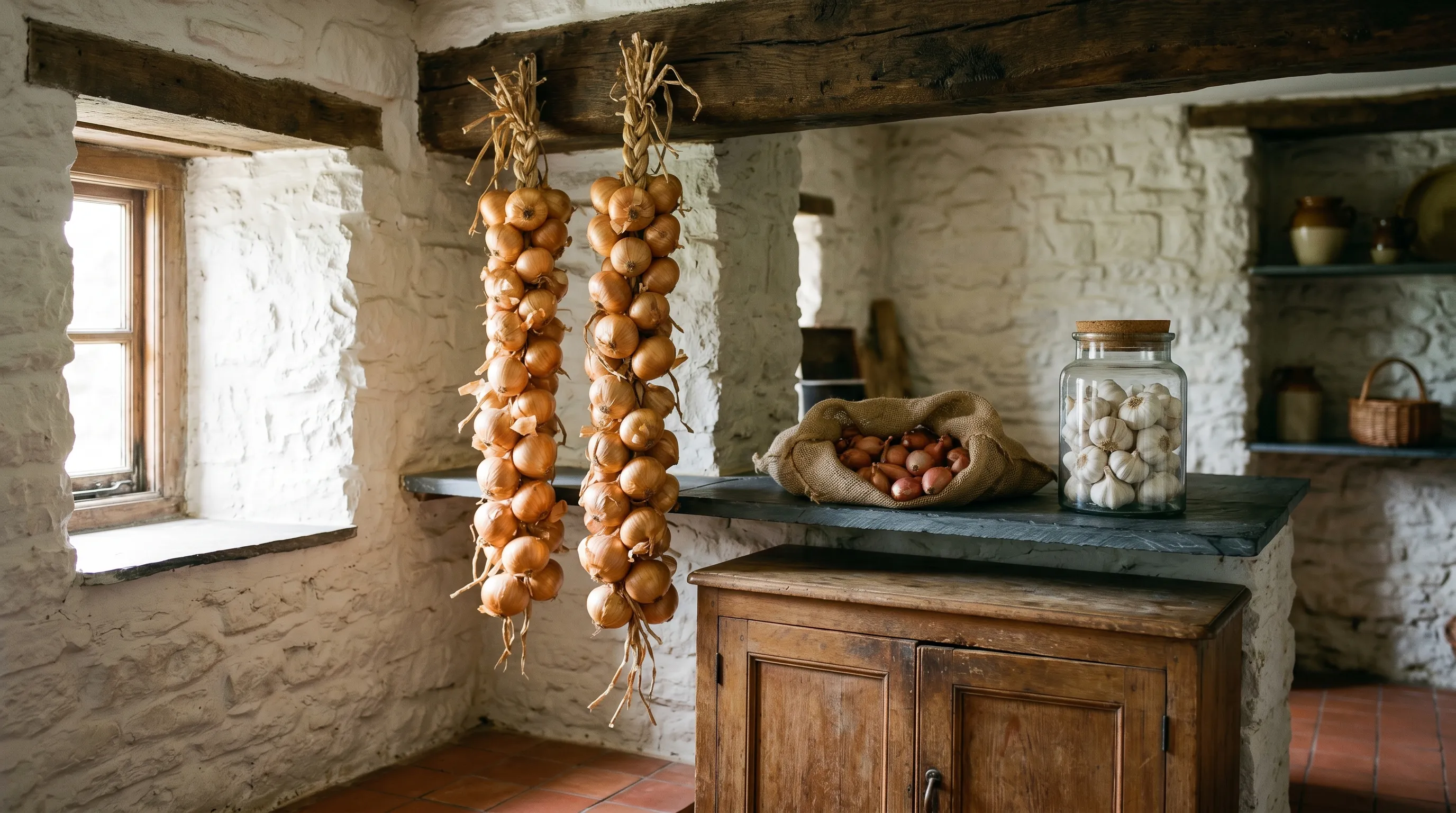 UK cool stone-walled larder with two long plaits of cured golden onions hanging from an oak beam, a hessian net of shallots and a glass jar of garlic on a slate shelf