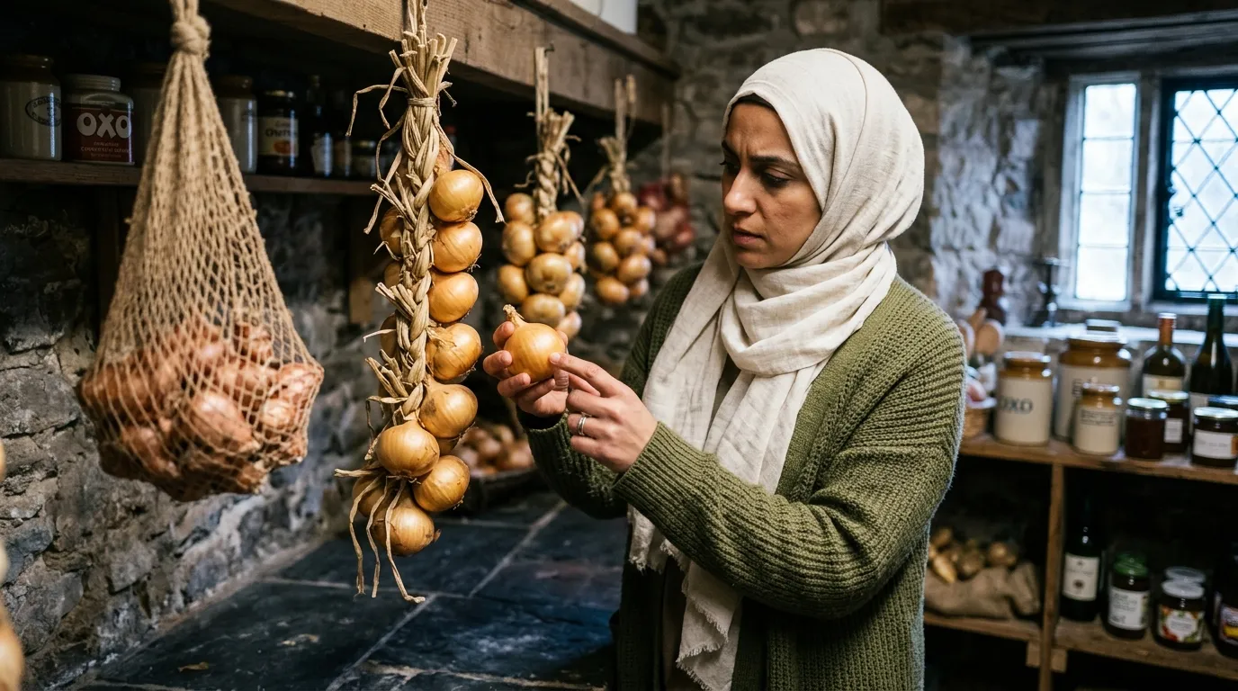 British Muslim woman in light hijab inspecting a hanging plait of golden onions in a UK cool larder in mid-winter, checking for soft spots
