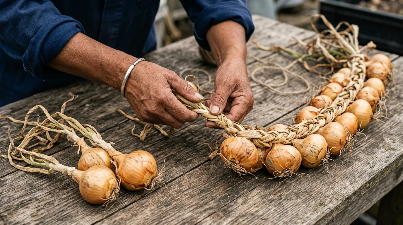 Sri Lankan-British woman's hands plaiting cured 'Sturon' onions into a long string on an old wooden allotment table, half-finished plait visible