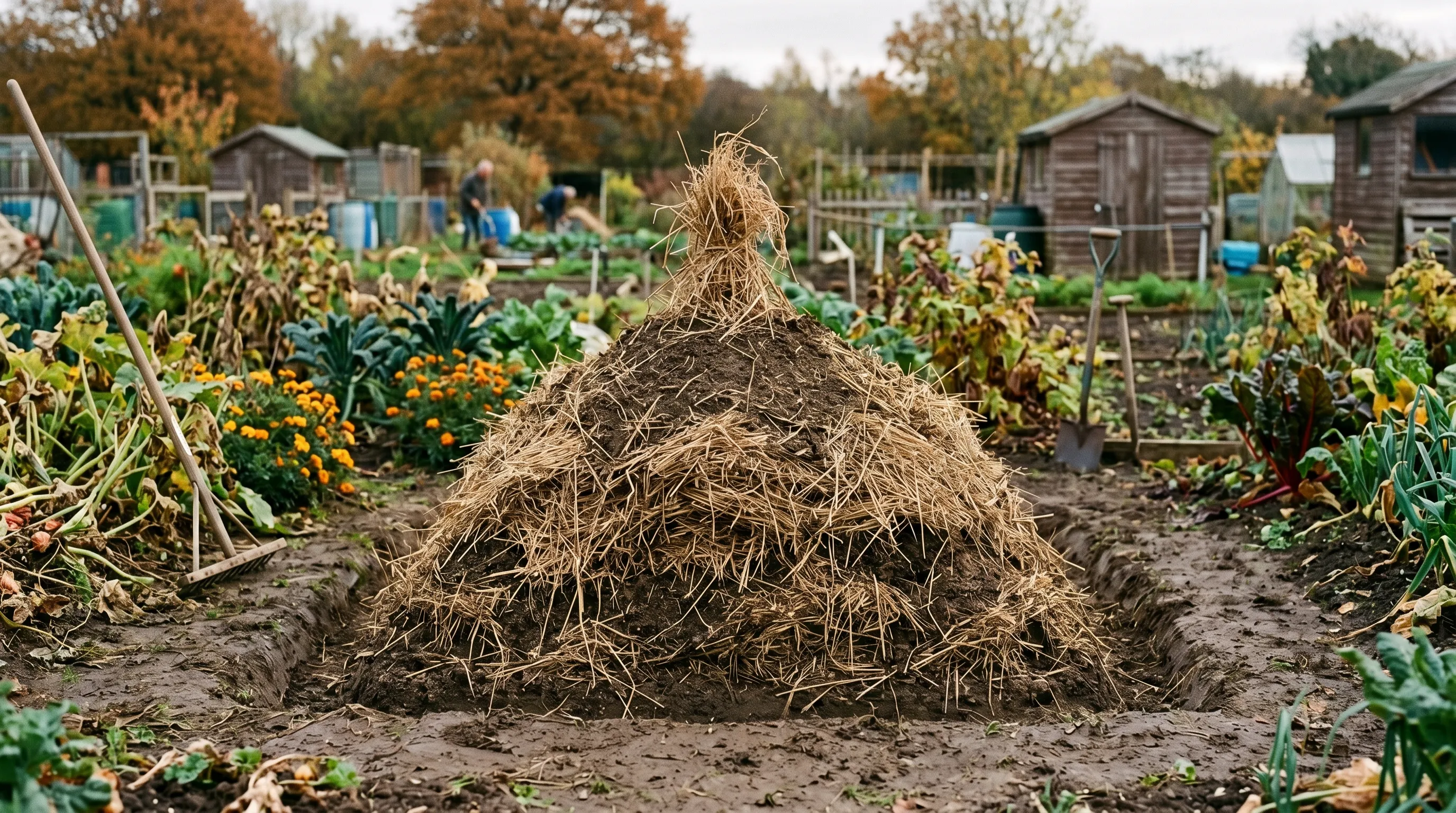 A traditional UK potato clamp in an allotment showing a low pyramid of straw-covered soil with a wisp of straw protruding at the top as a ventilation chimney, surrounded by a small drainage trench