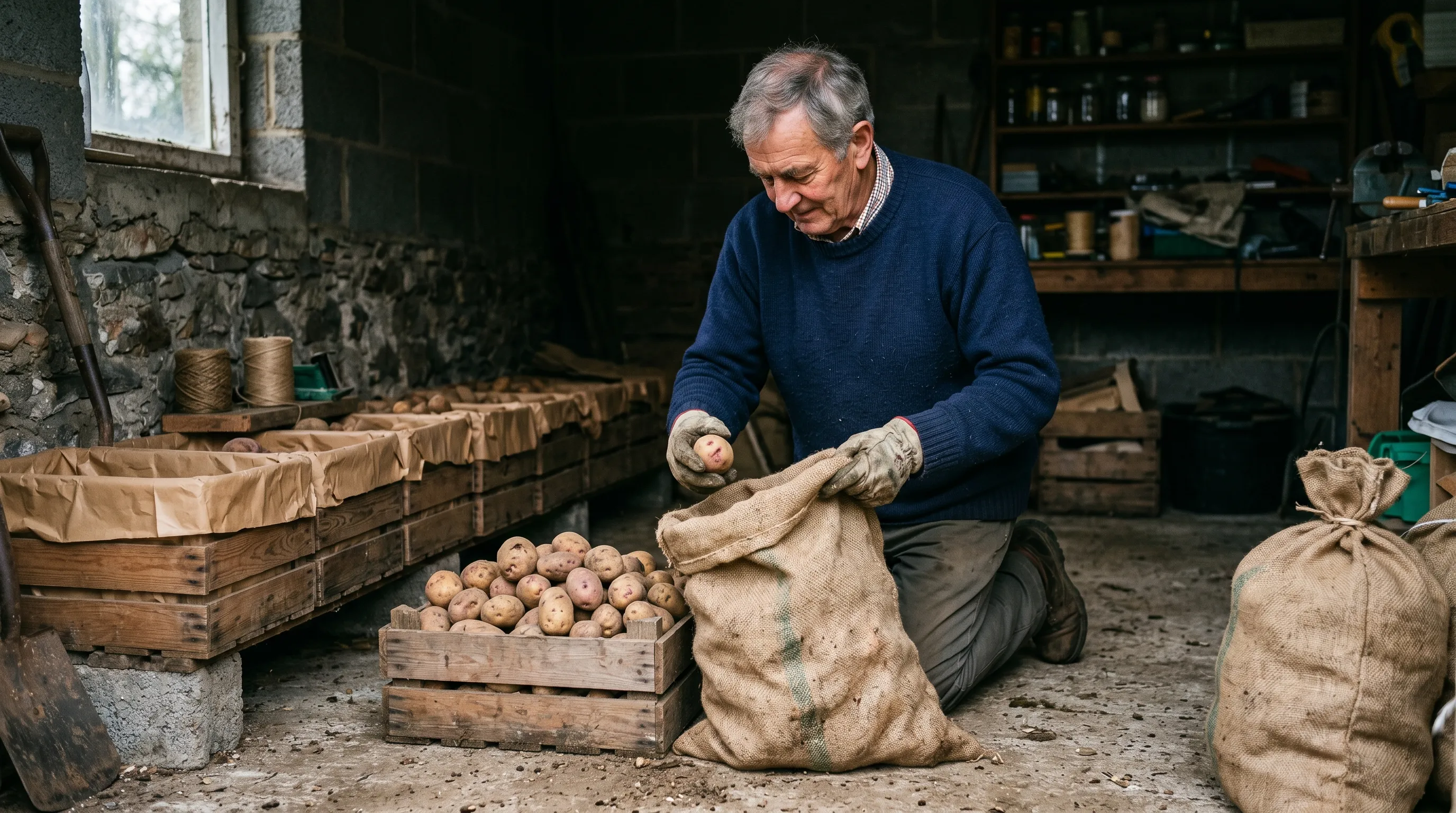 A UK gardener stacking cured maincrop potatoes into a hessian sack inside a cool dark garage, with paper-lined wooden boxes ready as backup