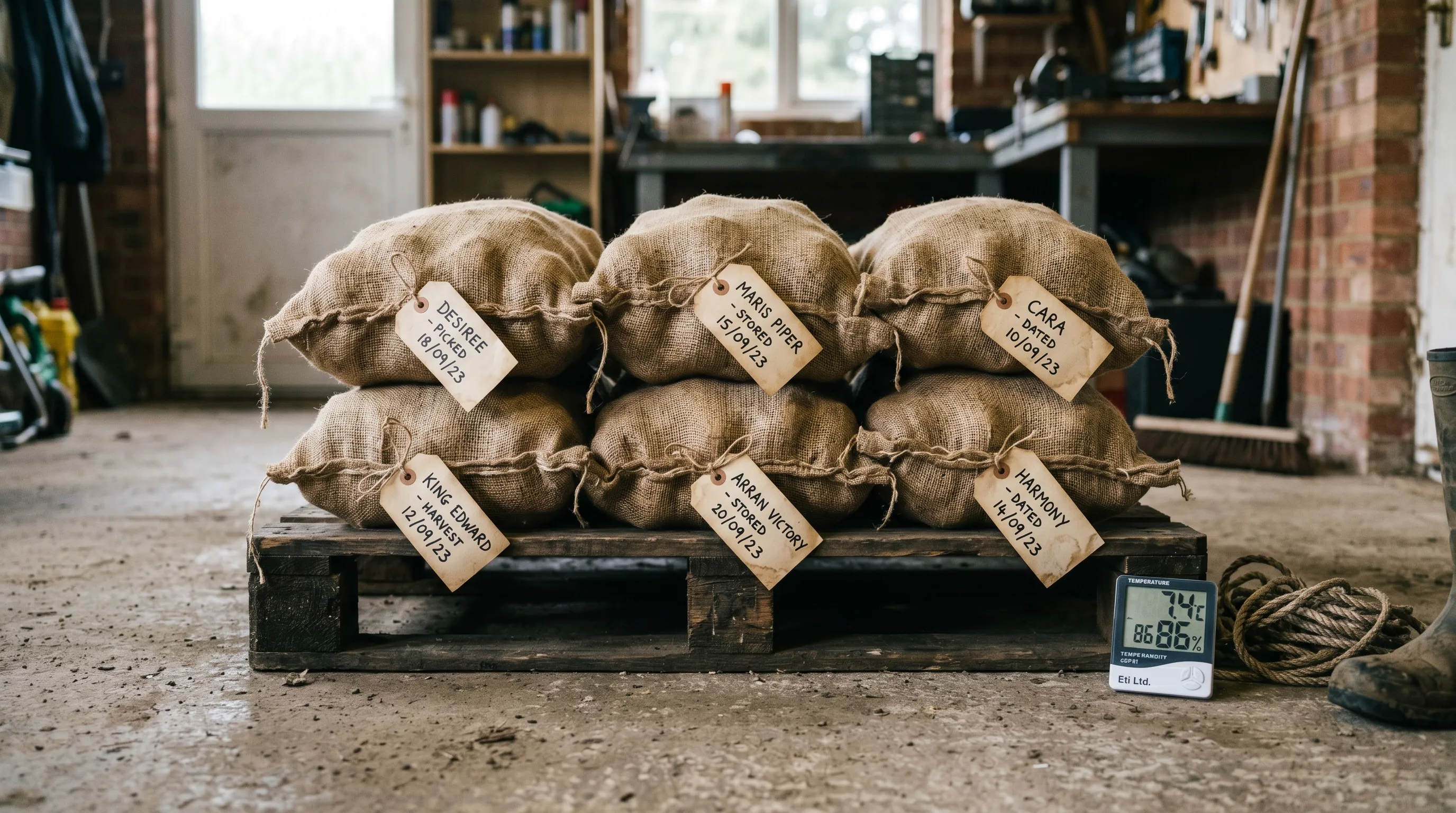 A wooden pallet on a UK garage floor with six hessian sacks of maincrop potatoes stacked single-layer, each labelled with variety name and storage date, plus a temperature-humidity meter on the floor nearby