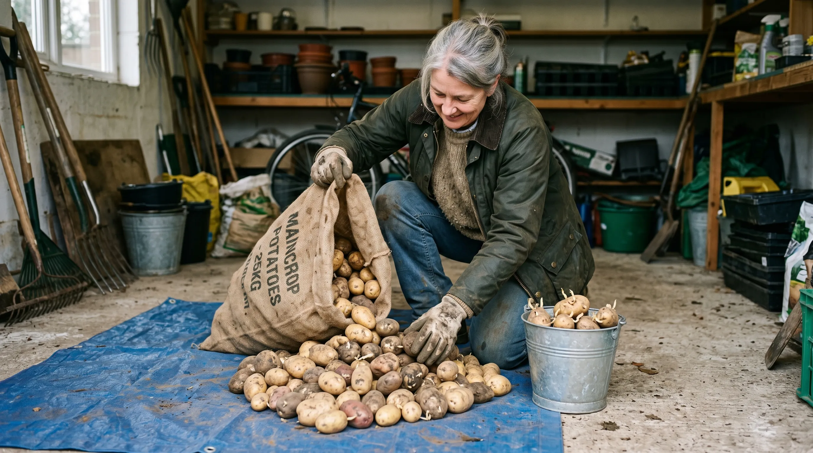 A UK gardener tipping a hessian sack of stored maincrop potatoes onto a tarpaulin laid across a garage floor, sorting through the tubers by hand, with a small bucket beside containing rejected sprouted and soft tubers