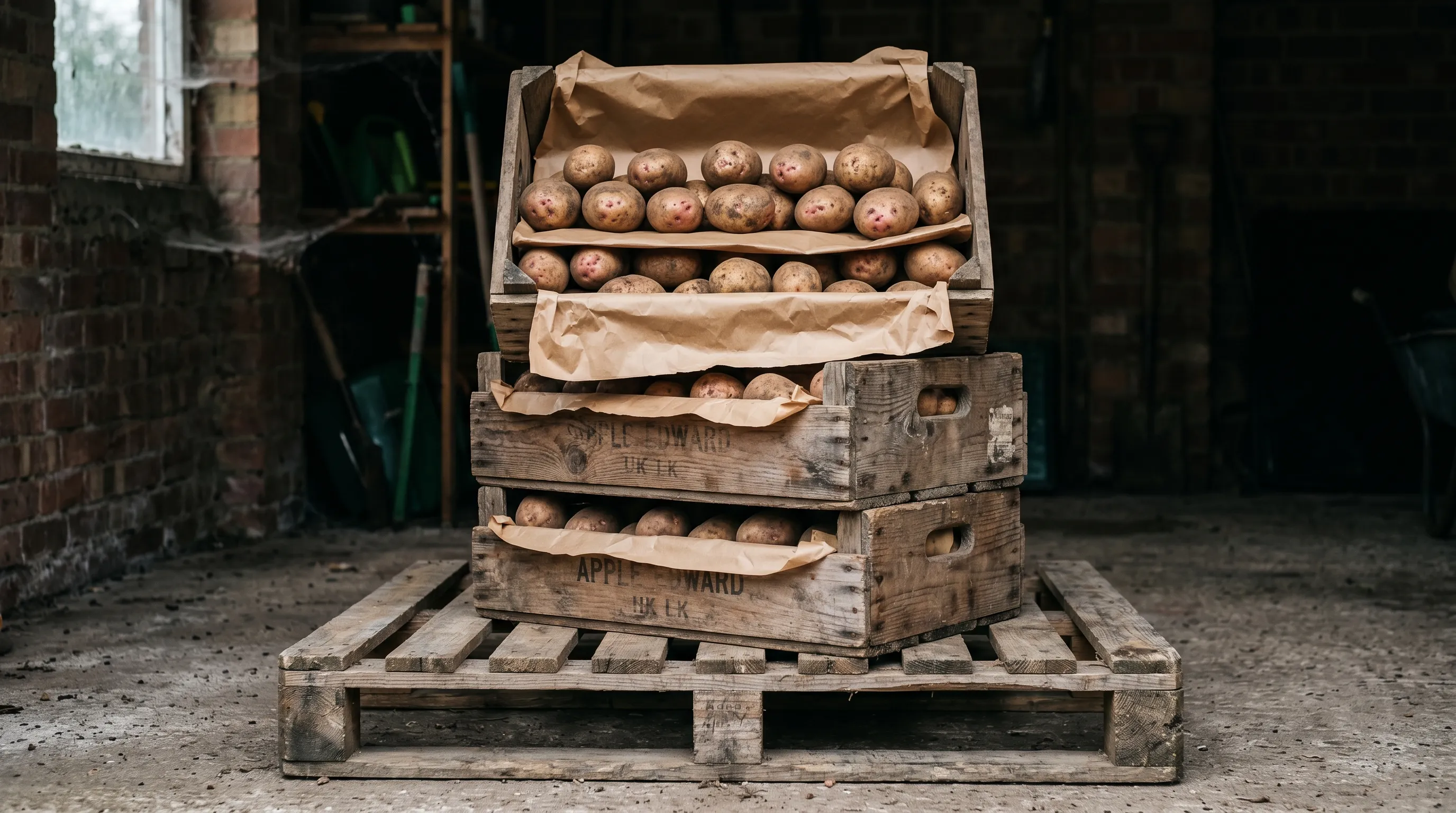 A stack of three UK wooden apple crates each lined with brown paper, holding two single layers of King Edward maincrop potatoes separated by brown paper between layers, stored in a cool dark garage