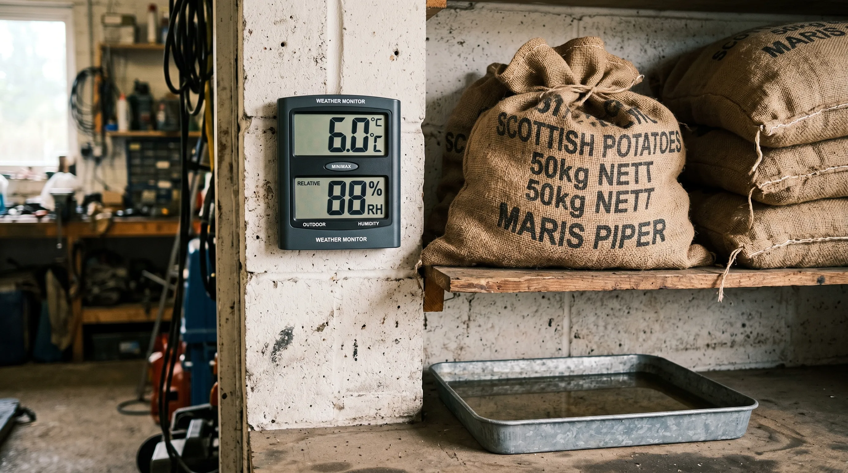 A digital thermometer-hygrometer on the wall of a UK garage showing 6C temperature and 88% relative humidity, beside a shelf of stacked hessian potato sacks and a shallow tray of water on the floor to boost humidity