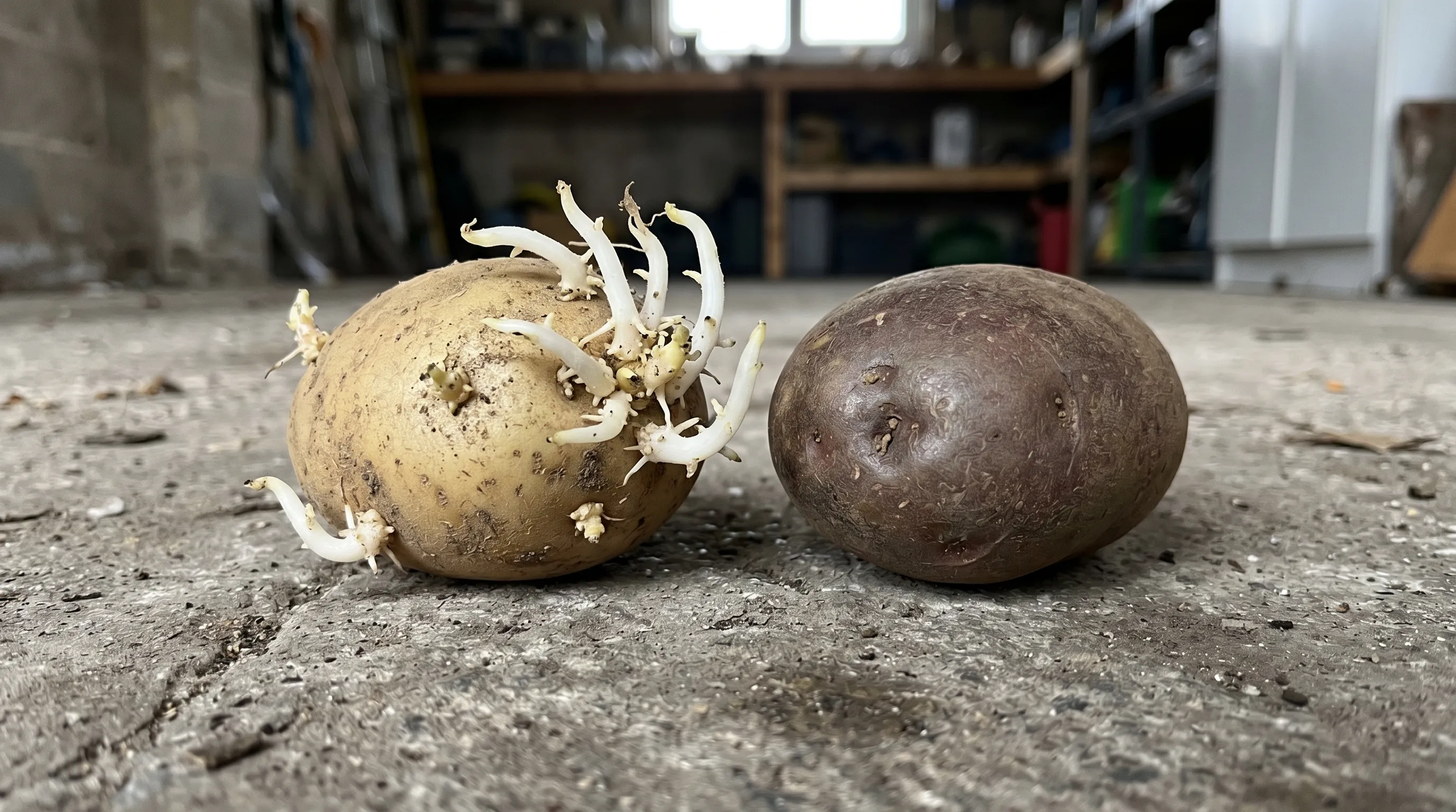 A diagnostic close-up of two stored maincrop potatoes side by side on a UK garage floor: the left a Maris Piper showing 25mm white sprouts from multiple eyes in mid-February, the right a Sarpo Mira from the same lift date still dormant with no visible sprouts