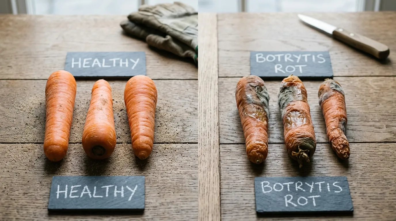 Healthy stored carrots side by side with botrytis-rotten carrots on a UK workbench