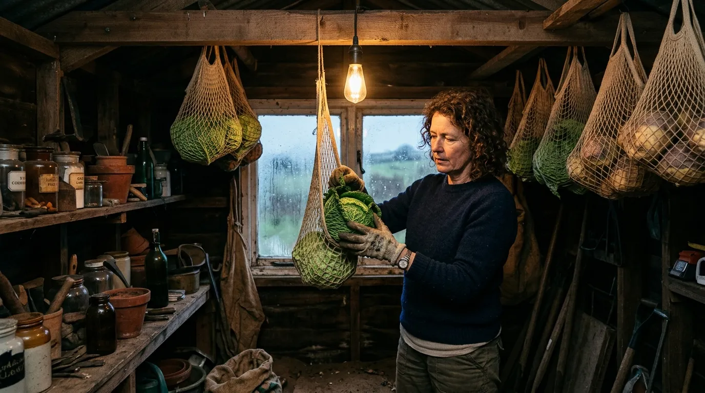 UK allotment holder lifting a Savoy cabbage from a net bag in a Cornish smallholding storage shed in December