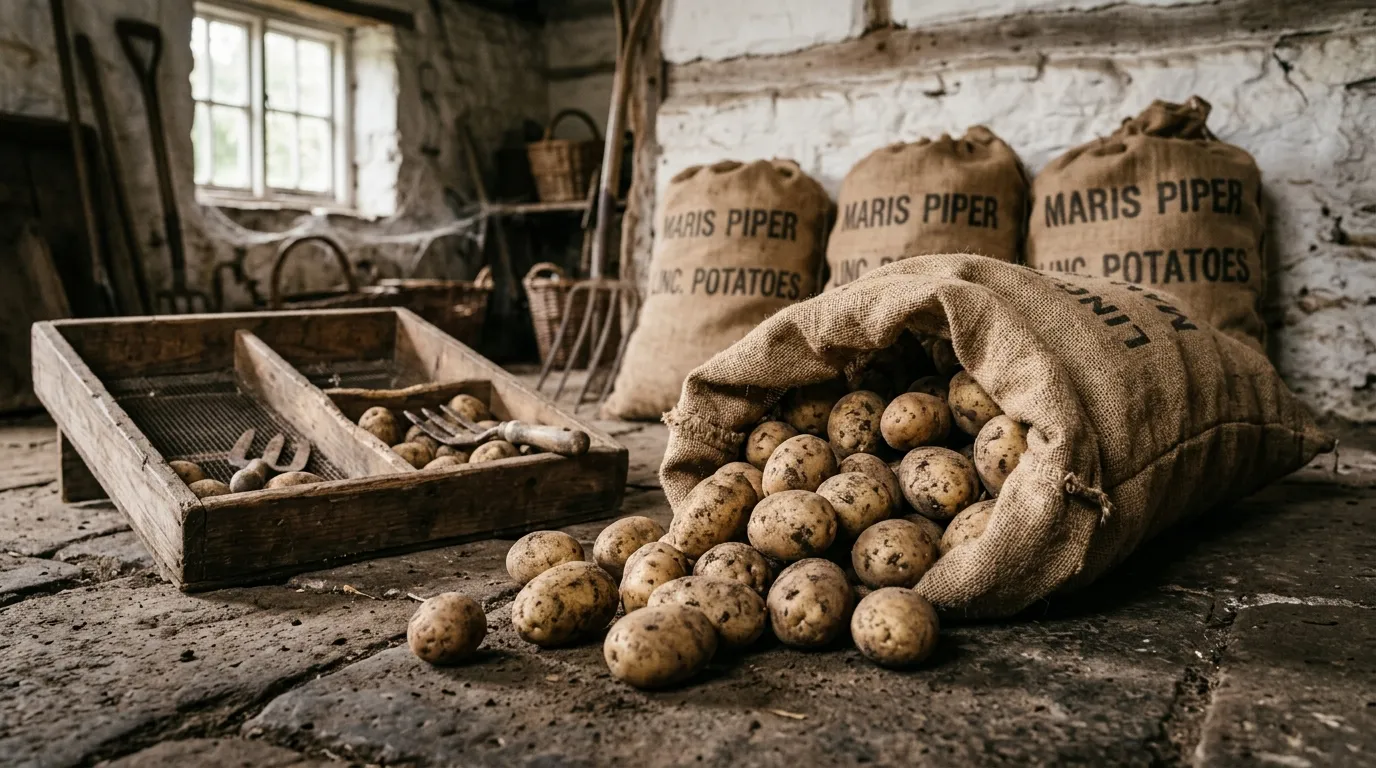 Hessian sack tipped open showing healthy UK maincrop potatoes on a Lincolnshire stone floor