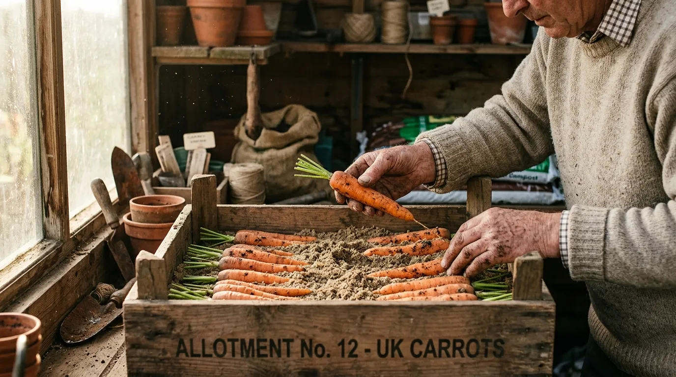 Sand box carrots in a Yorkshire allotment shed showing dry layering technique