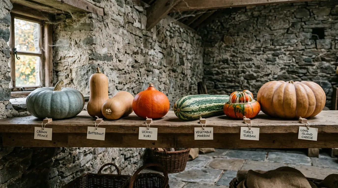 Winter squash and marrows on a wooden shelf in a Welsh stone barn with stems intact