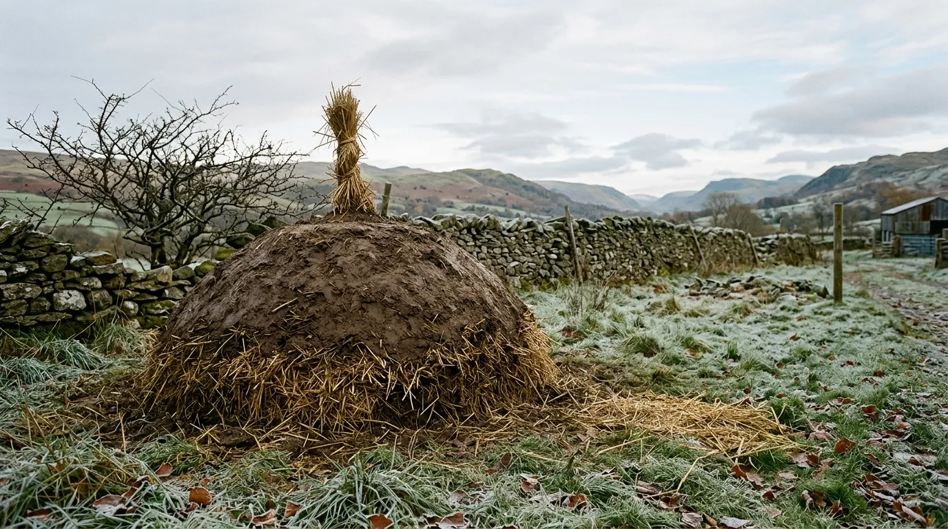 Traditional UK vegetable clamp made of straw and soil with ventilation chimney on a Cumbrian smallholding