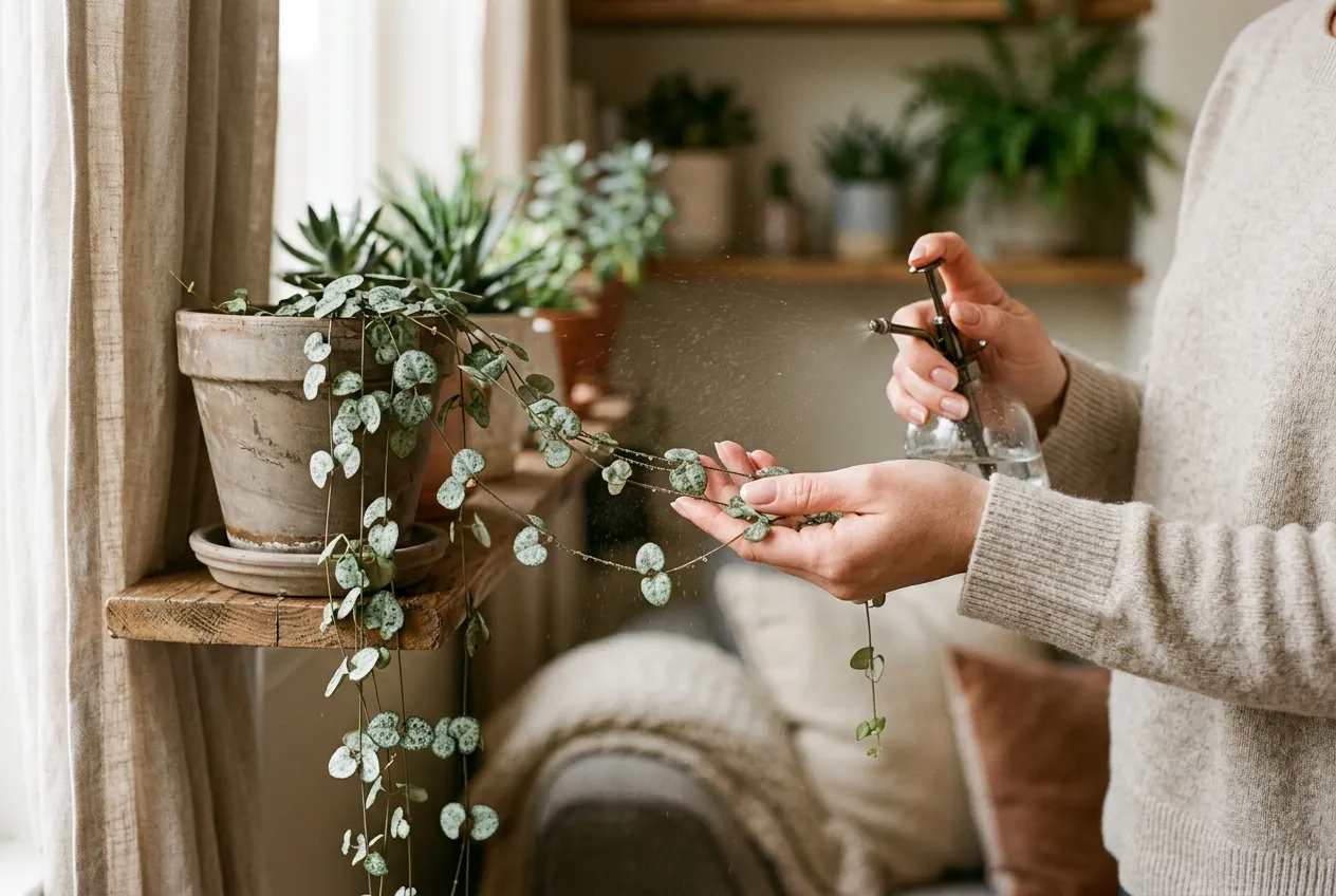 Hands gently misting and inspecting the trailing vines of a string of hearts in a cosy room