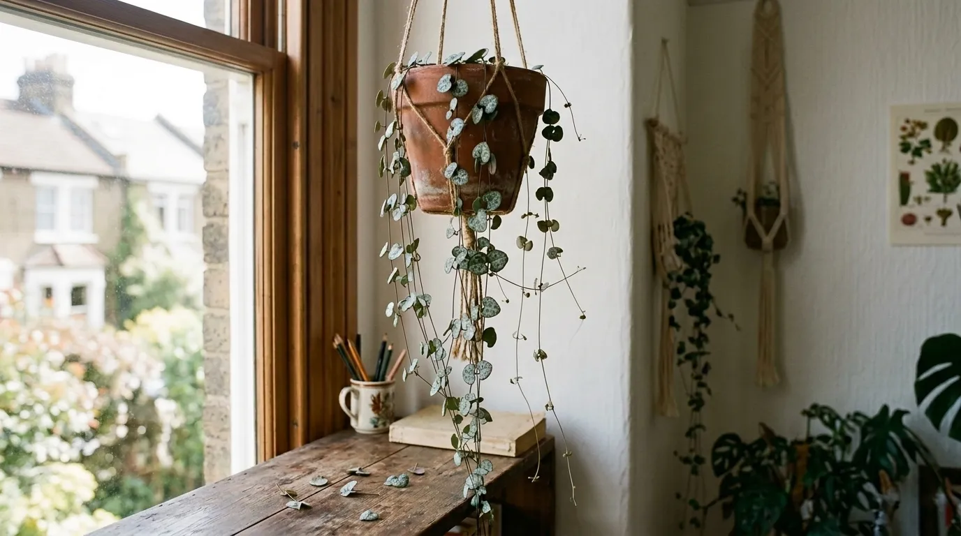 String of hearts trailing from a hanging pot by a window with some bare vines and dropped heart-shaped leaves