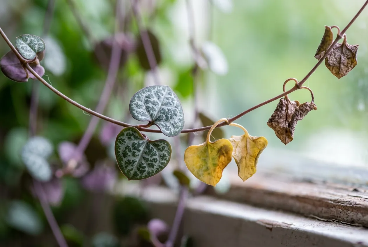 Close-up of silver-marbled heart-shaped leaves on a thread-like string of hearts vine with some leaves yellowing and shrivelled