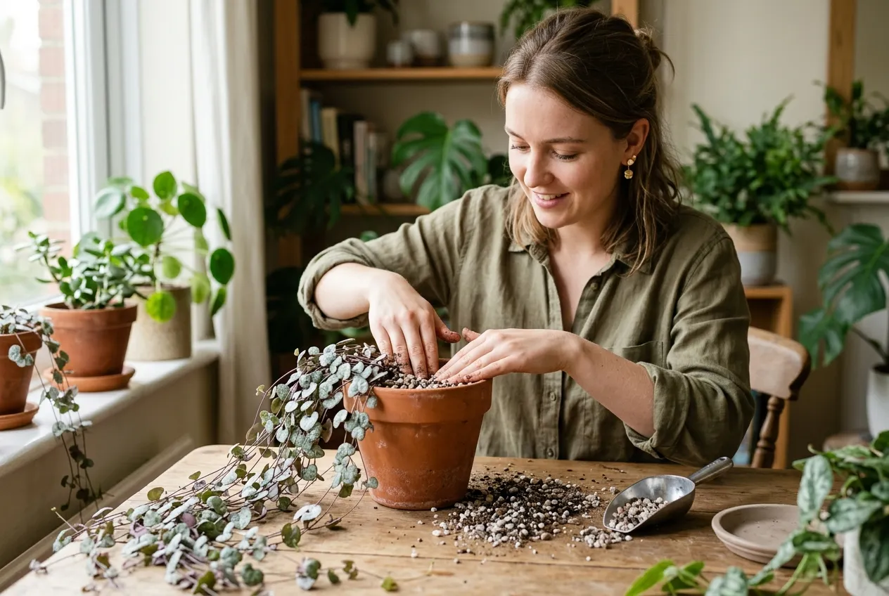 A person repotting a string of hearts into gritty free-draining succulent compost in a terracotta pot