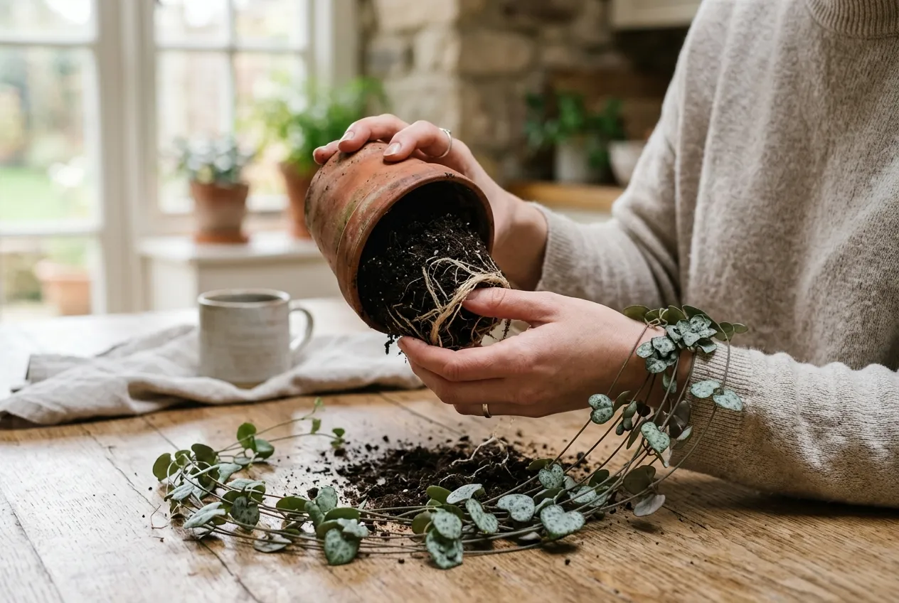 A person tipping a string of hearts from its pot to check the roots and soil for rot