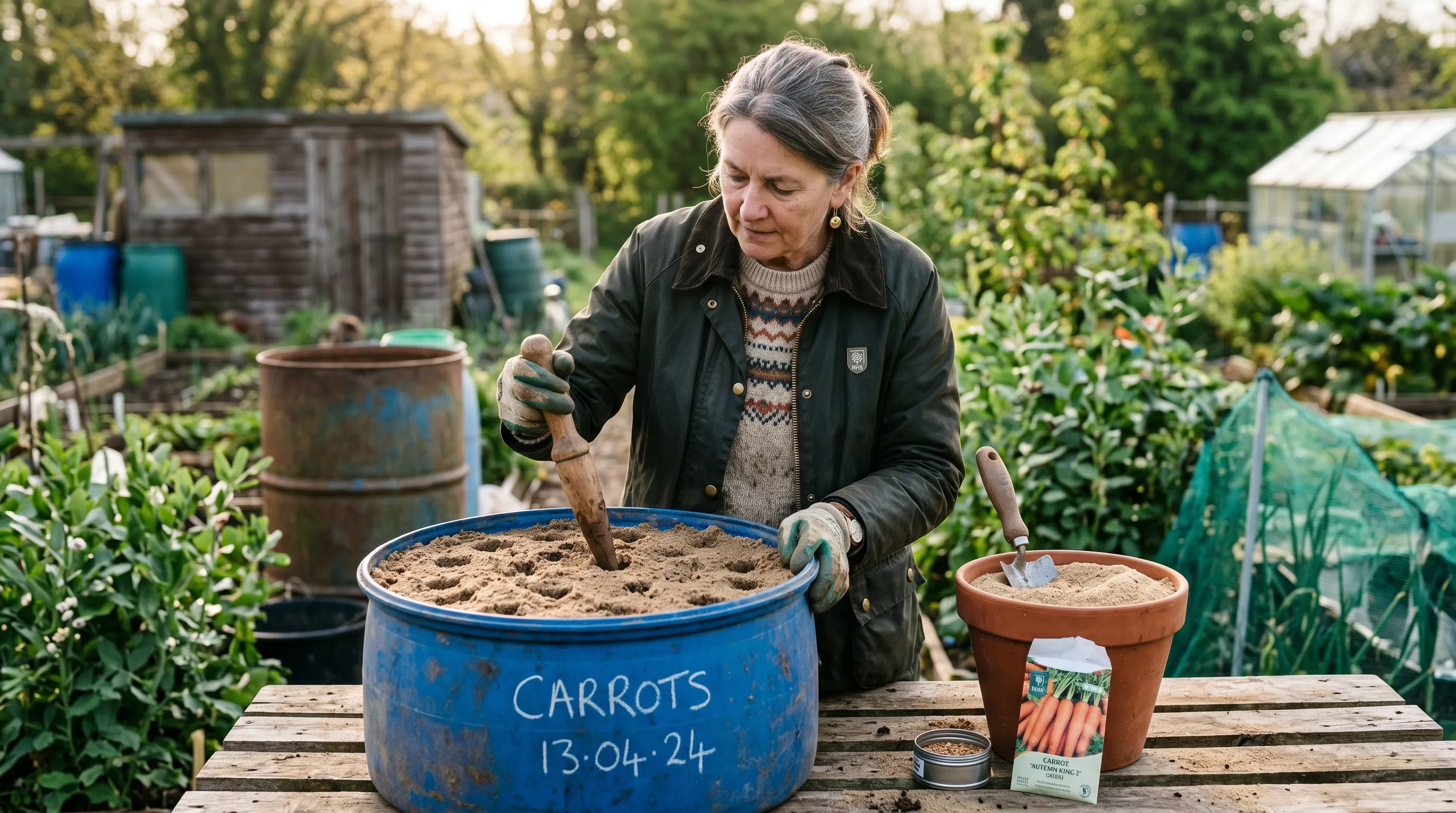 A UK exhibitor making bore holes in a sand-filled drum with a wooden dibber, then filling each bore with horticultural sharp sand before sowing carrot seed