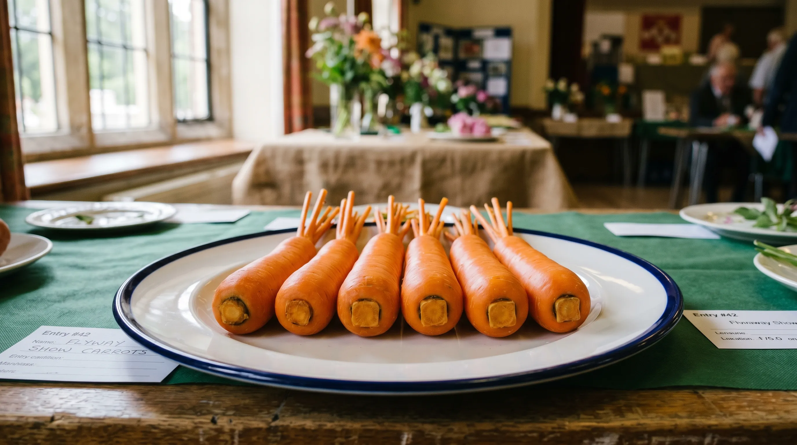 A dish of six perfectly matched stump-rooted Flyaway show carrots, washed clean, presented on a white show plate at a UK village hall