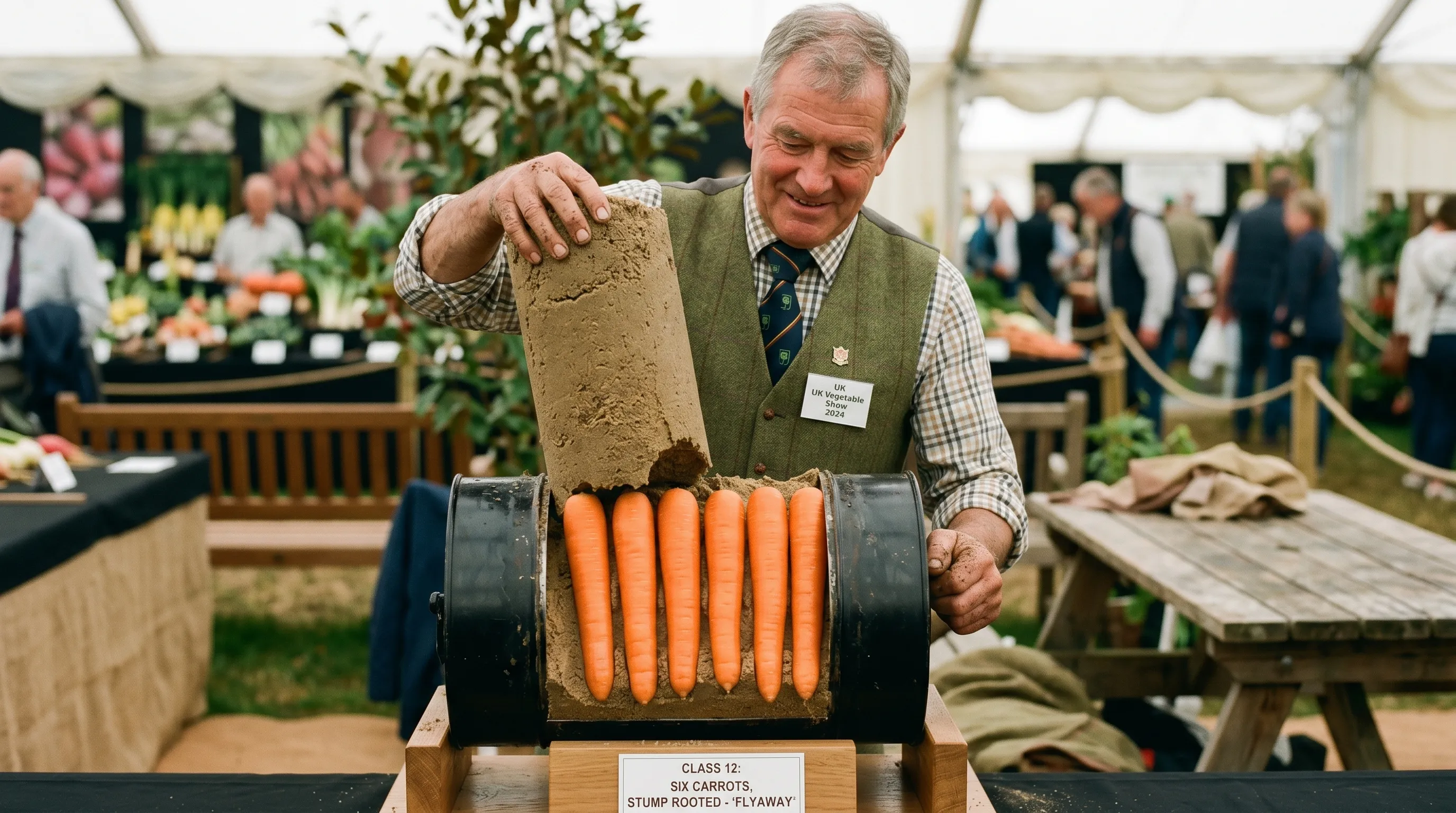 A UK exhibitor lifting a clean sand column from a show drum revealing six perfectly formed stump-rooted Flyaway carrots side by side, all of uniform length and shape