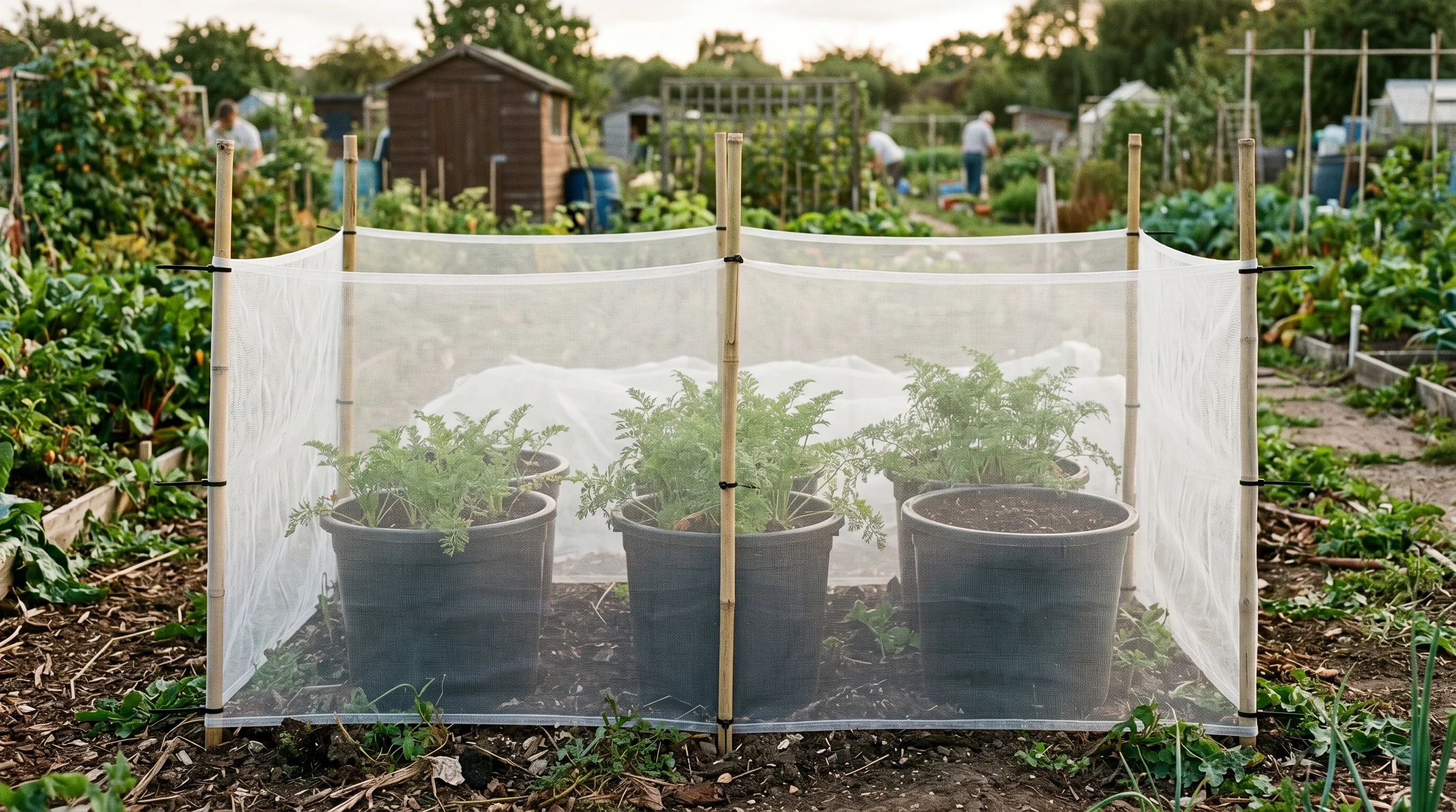 A 600mm-tall fine mesh barrier surrounding a set of UK show carrot drums in an allotment, with the mesh held to vertical bamboo canes by zip ties