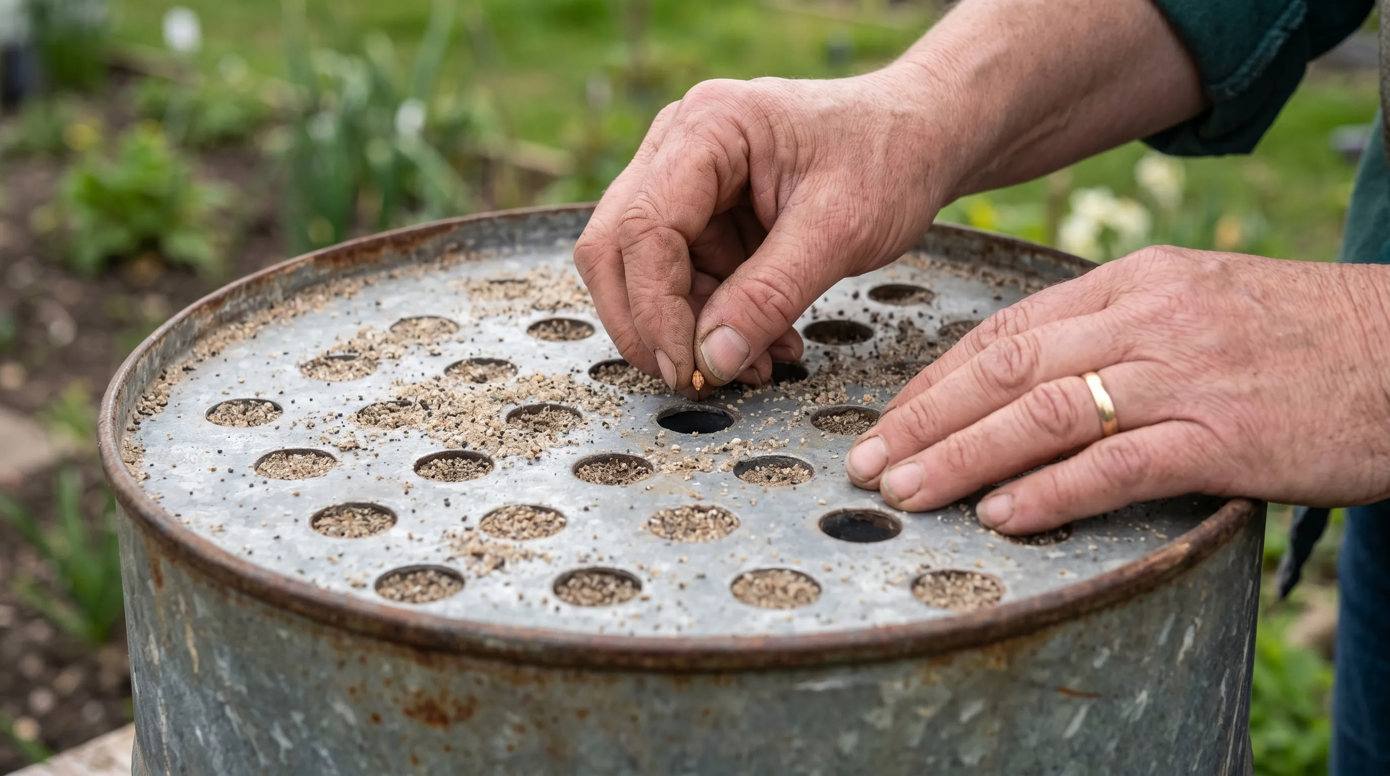 A UK gardener's hands sowing single carrot seeds into the centre of each sand-filled bore on the top of a 500mm-diameter show drum, with the bores arranged in a hexagonal pattern