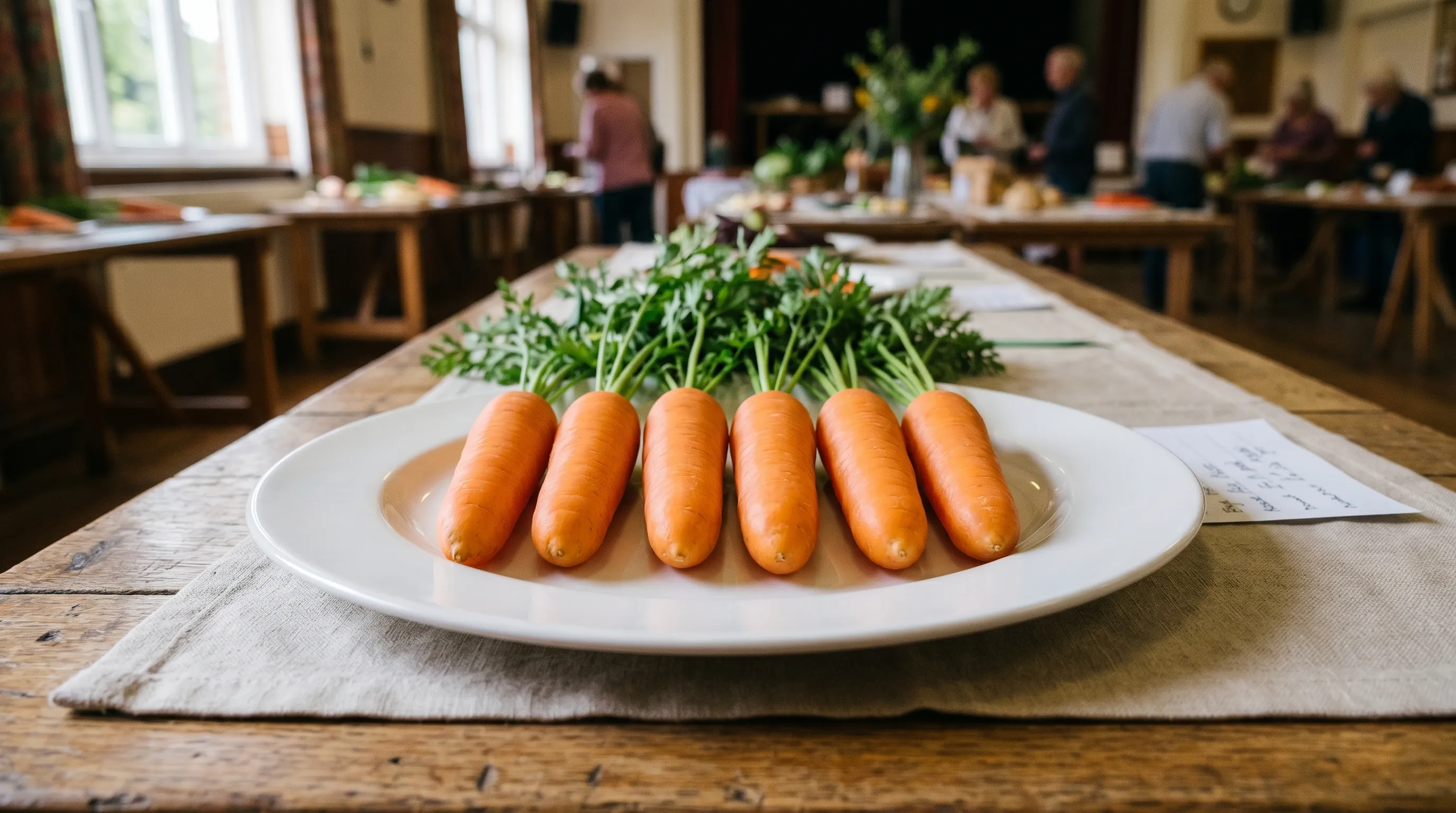 A dish of six perfectly matched stump-rooted Flyaway carrots laid parallel on a white show plate at a UK village hall, tops to the back, stump ends to the front, all roots identical