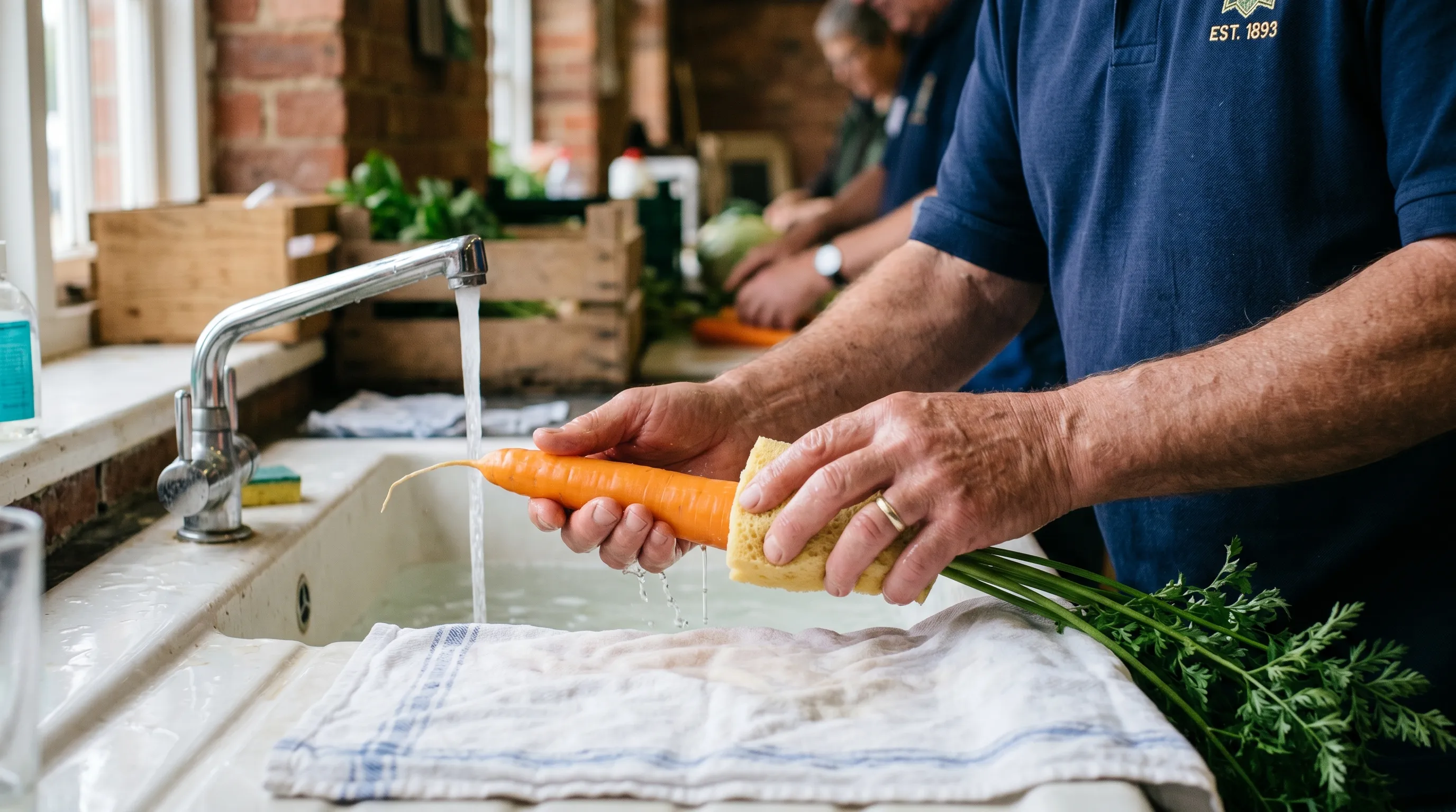 A UK exhibitor washing a show carrot in cool water using a clean soft household sponge, the orange root resting on a white tea towel ready for drying