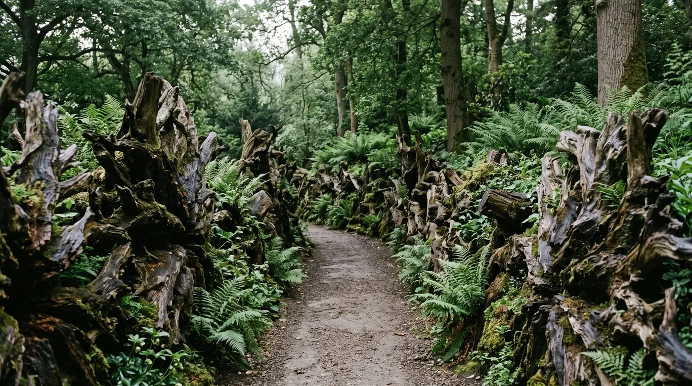 Upturned oak roots forming a Victorian-style stumpery walk in a shaded Staffordshire garden with ferns growing between them