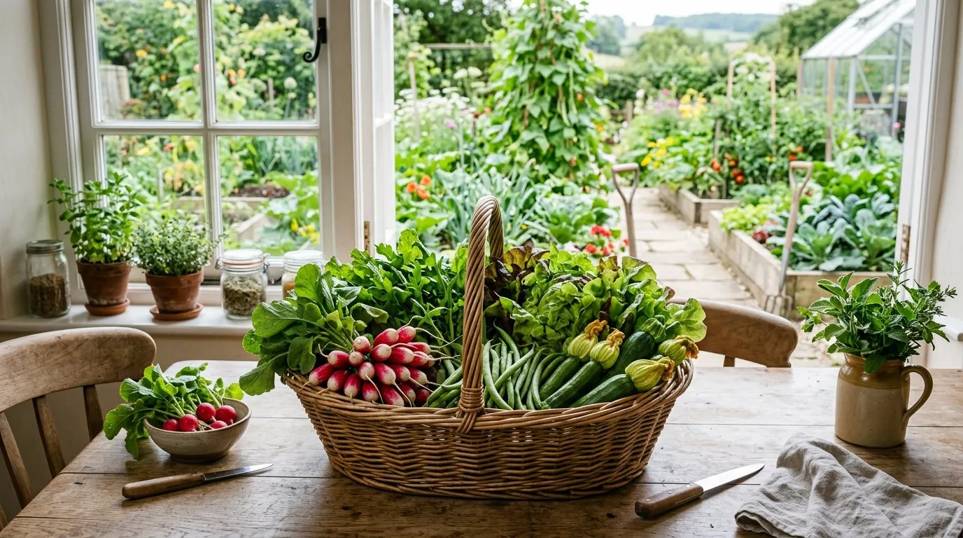 A continuous harvest from succession-planted vegetables laid out in a trug basket
