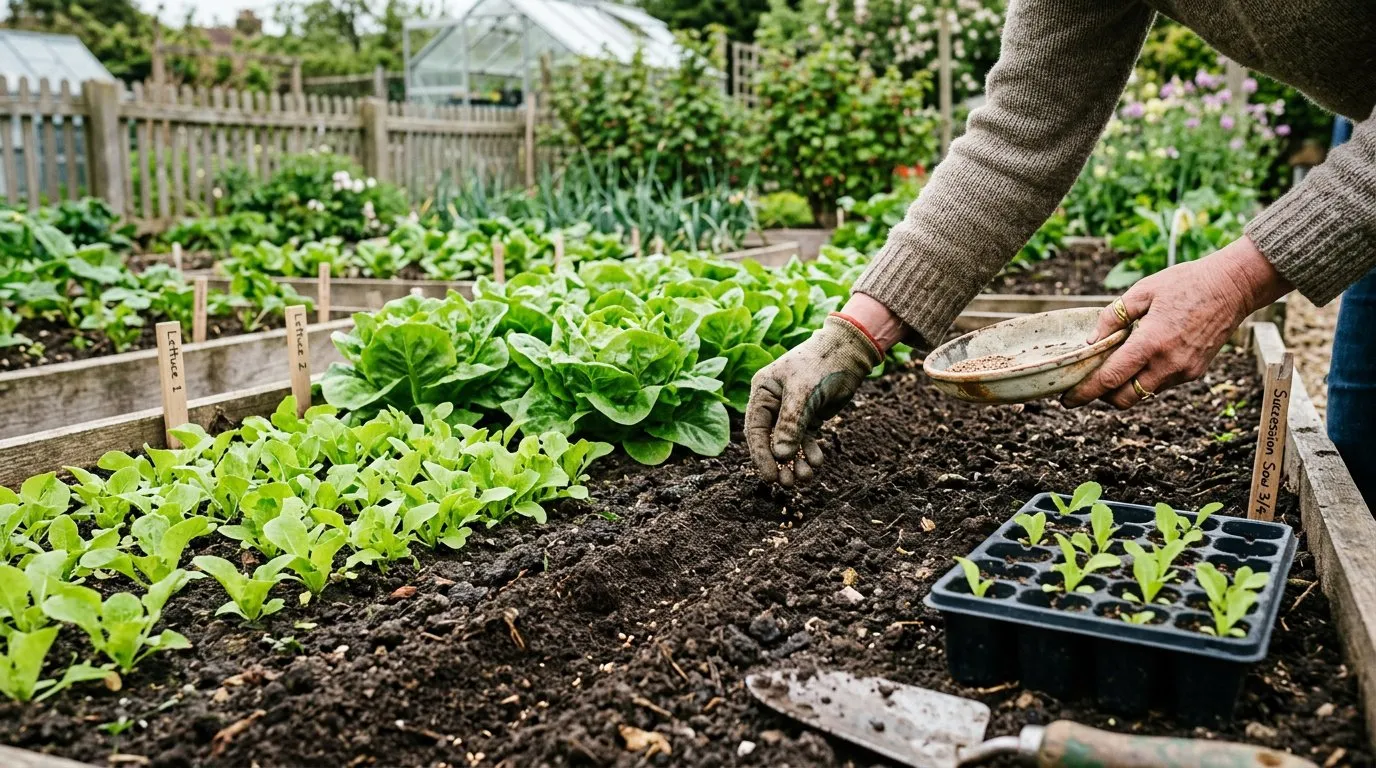 Succession planting: sowing a new batch of seeds into a prepared drill in a vegetable bed