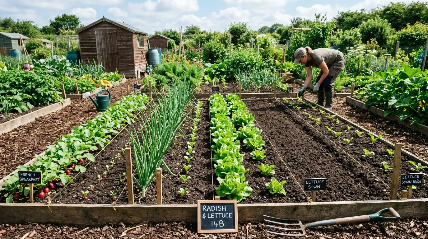 Vegetable crops at three different growth stages in adjacent rows, showing the staggered effect of succession planting