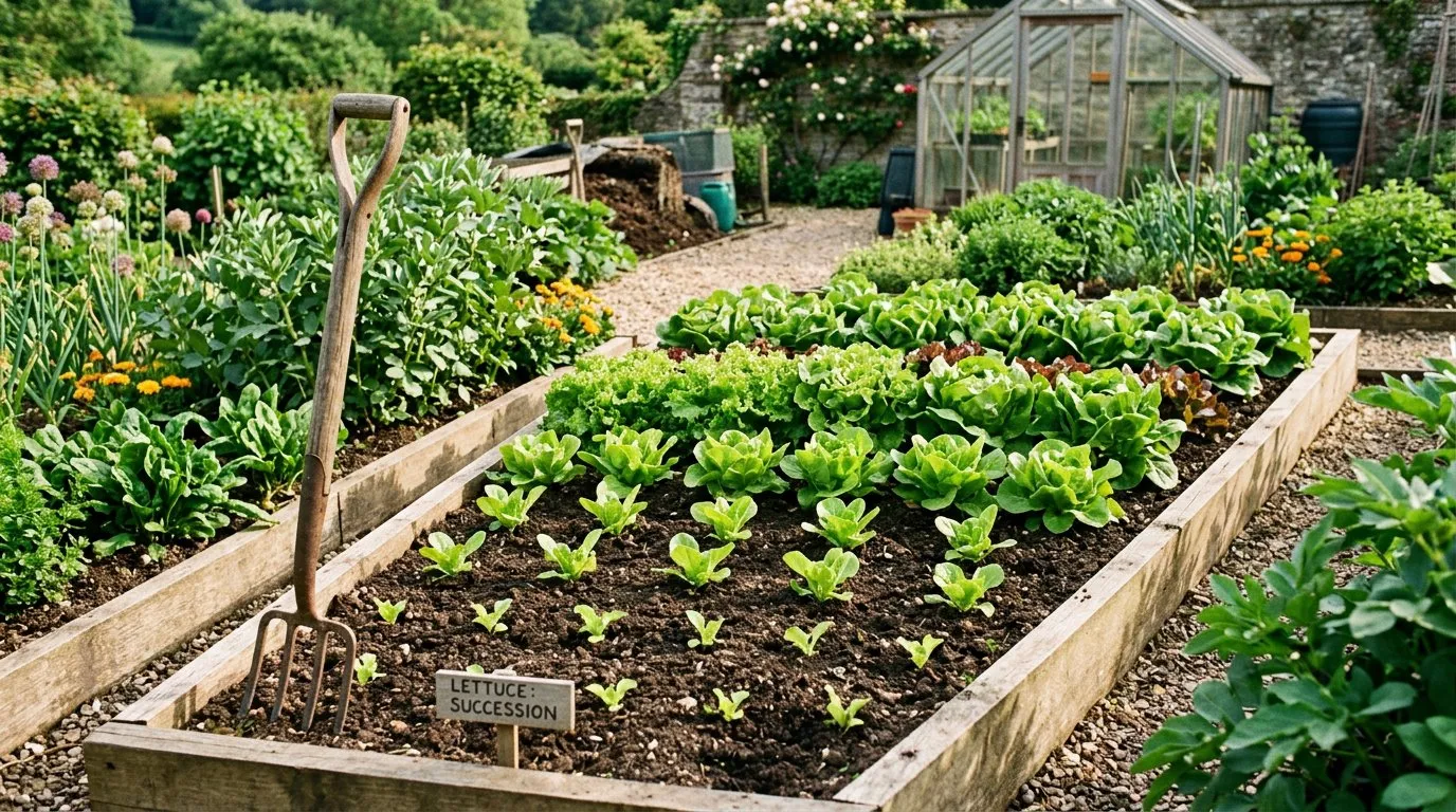 Lettuce at different growth stages showing succession planting in a UK vegetable garden