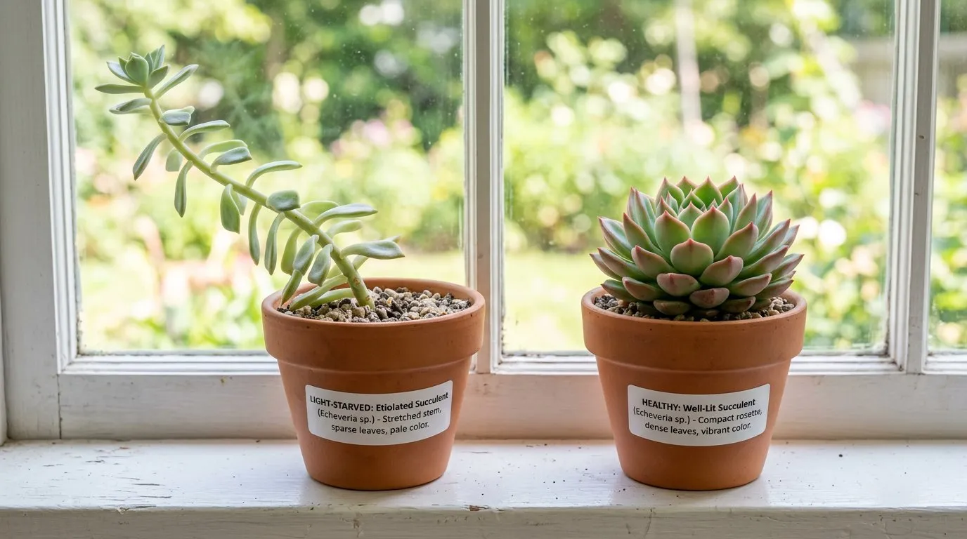 Stretched, etiolated succulent leaning toward window light compared to a compact healthy plant