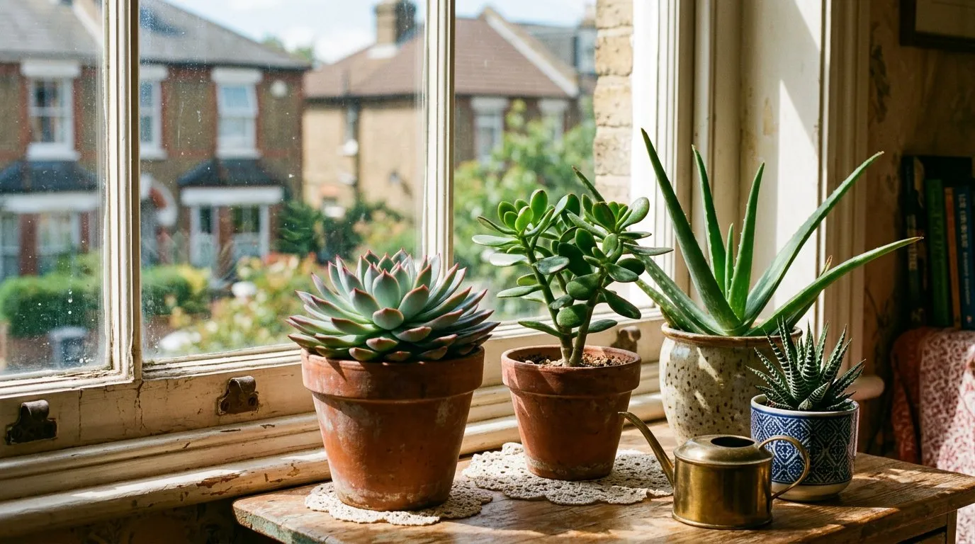 Collection of healthy echeveria, haworthia, and jade plant succulents in terracotta pots on a sunny south-facing UK windowsill