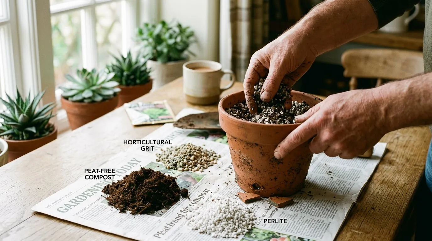 Succulent soil mix showing peat-free compost mixed with horticultural grit and perlite in a terracotta pot