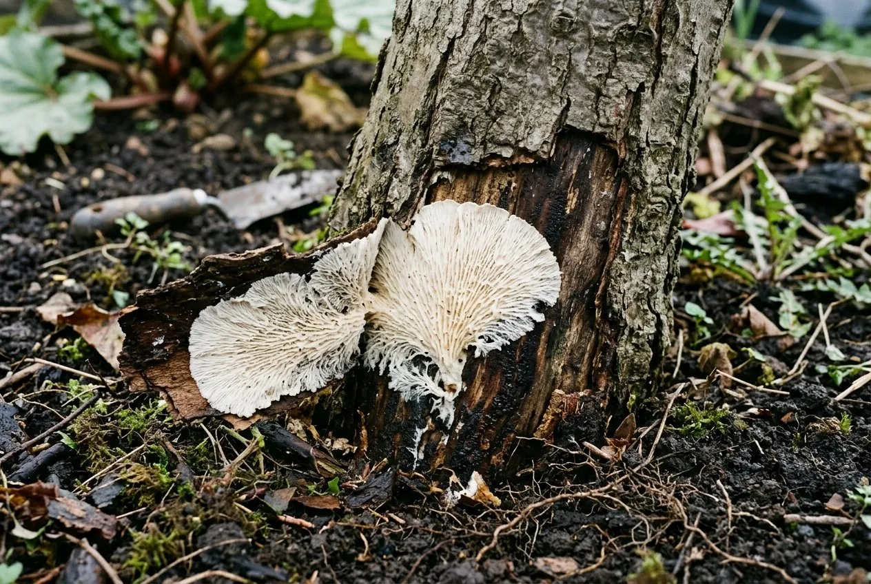 A close-up of a tree base with a strip of bark peeled back to reveal a white fan-shaped fungal sheet of honey fungus underneath, photographed in a UK garden