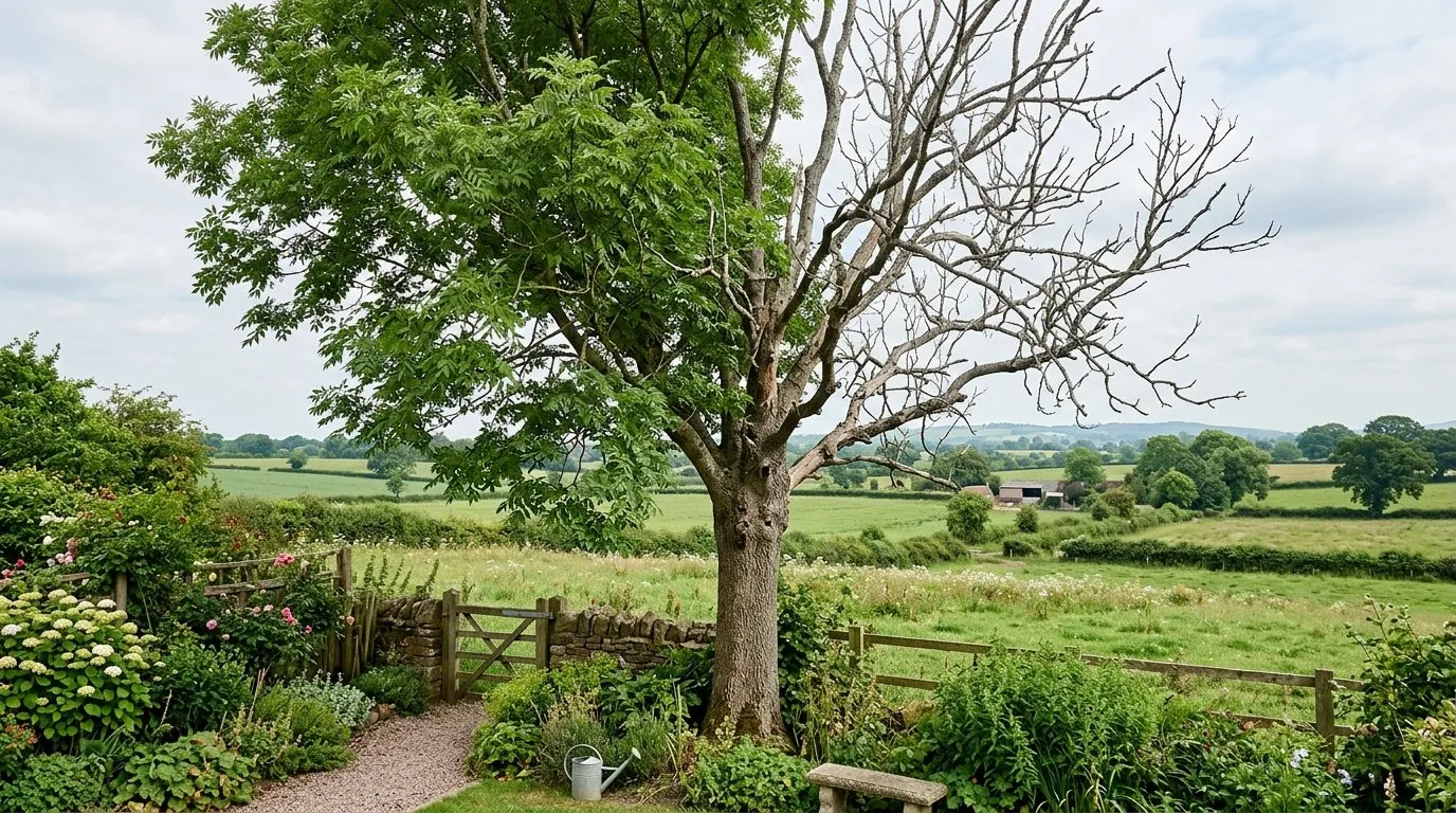 A garden ash tree with one side of its crown bare and dead while the other side still holds green leaves, showing the one-sided dieback pattern of root damage and disease