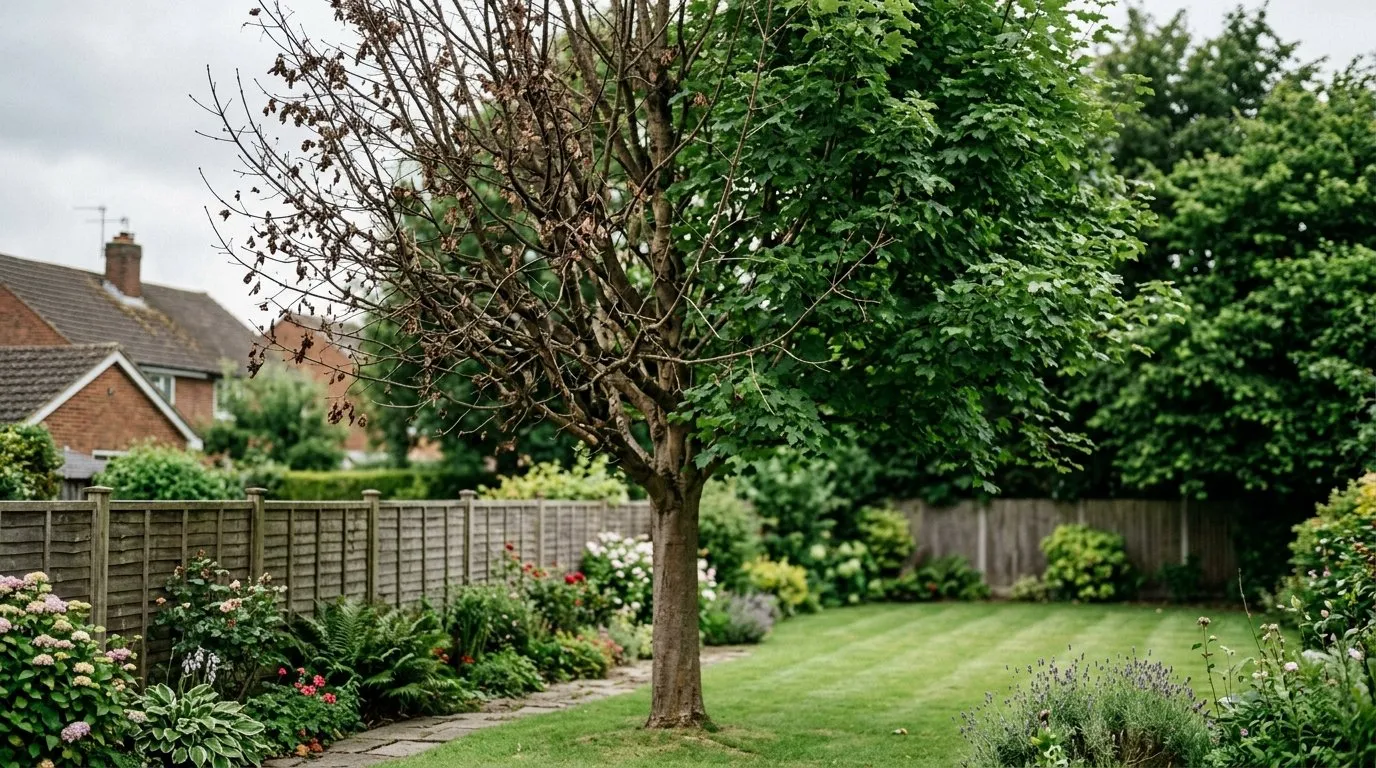 A mature UK garden tree with sudden severe dieback, half the crown brown and bare in summer while neighbouring trees stay green