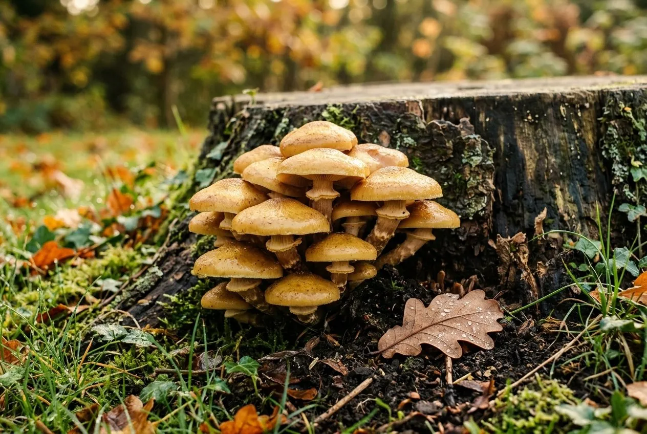 A cluster of honey-coloured Armillaria toadstools growing from the base of a dead tree stump in an autumn UK garden, with a fallen leaf nearby