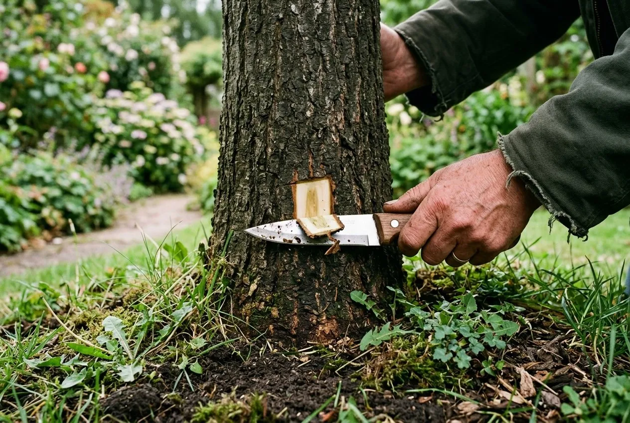 A gardener's hand using a sharp knife to slice a small window in the bark at the base of a tree trunk to check the living tissue underneath, in a UK garden