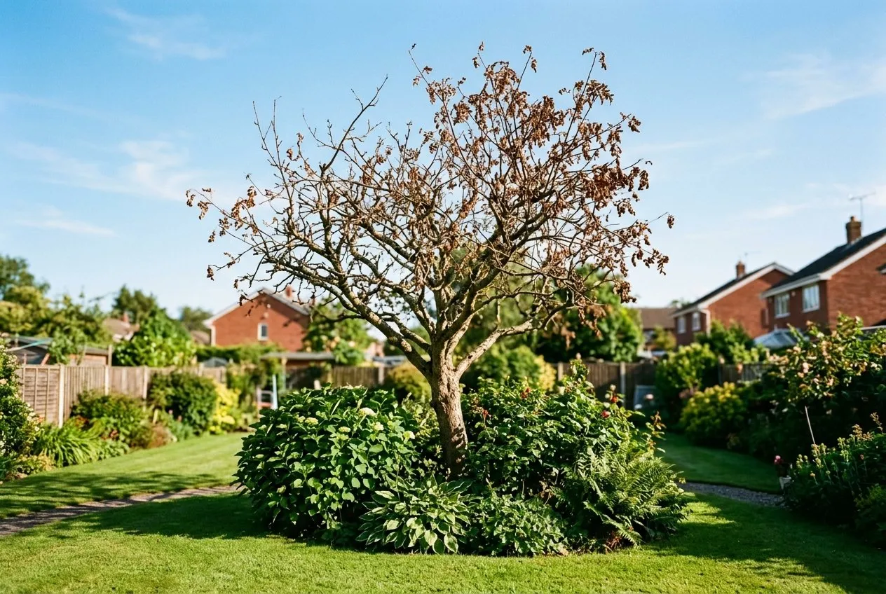 A cross-section view of a UK garden showing a tree with browning crown above ground and rotting roots below soil level, illustrating that root failure precedes visible crown death